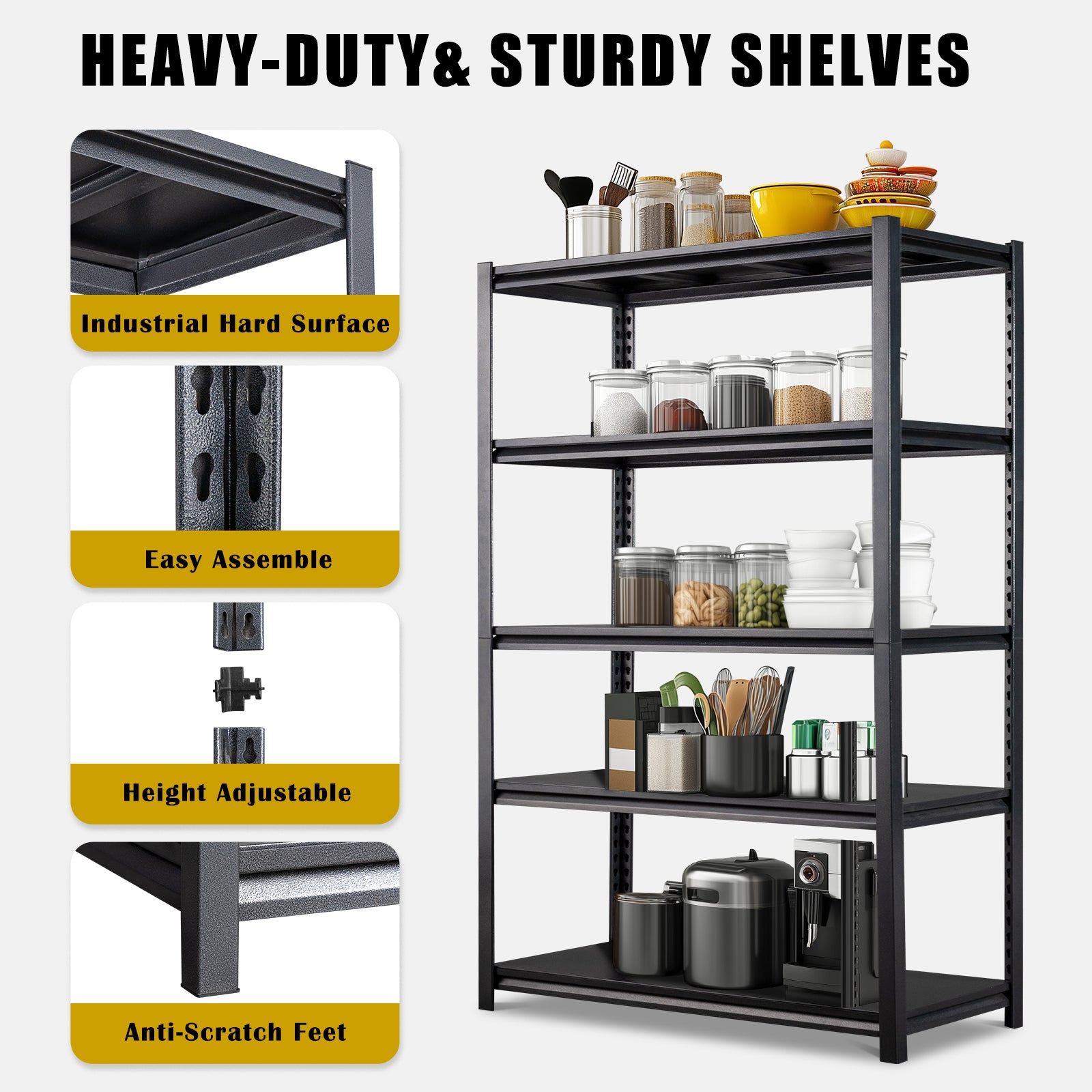 HAOYYE 78" H Adjustable Garage Shelving Unit, 5-Tier Heavy Duty Metal Storage Racks, 2200LBS Capacity, Freestanding Utility Organizer Shelves For Warehouse Pantry Kitchen Garage Closet, Black.