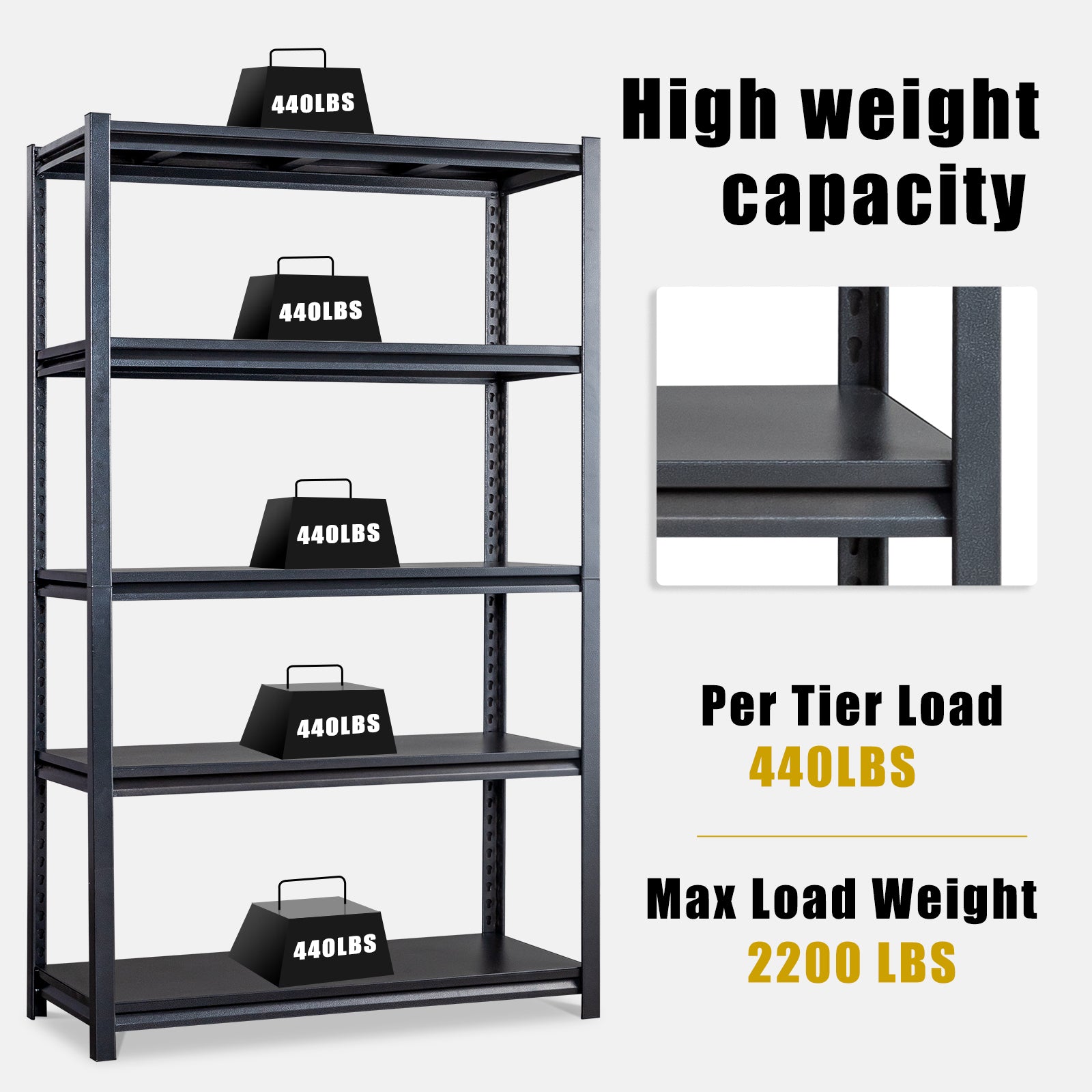 HAOYYE 78" H Adjustable Garage Shelving Unit, 5-Tier Heavy Duty Metal Storage Racks, 2200LBS Capacity, Freestanding Utility Organizer Shelves For Warehouse Pantry Kitchen Garage Closet, Black.
