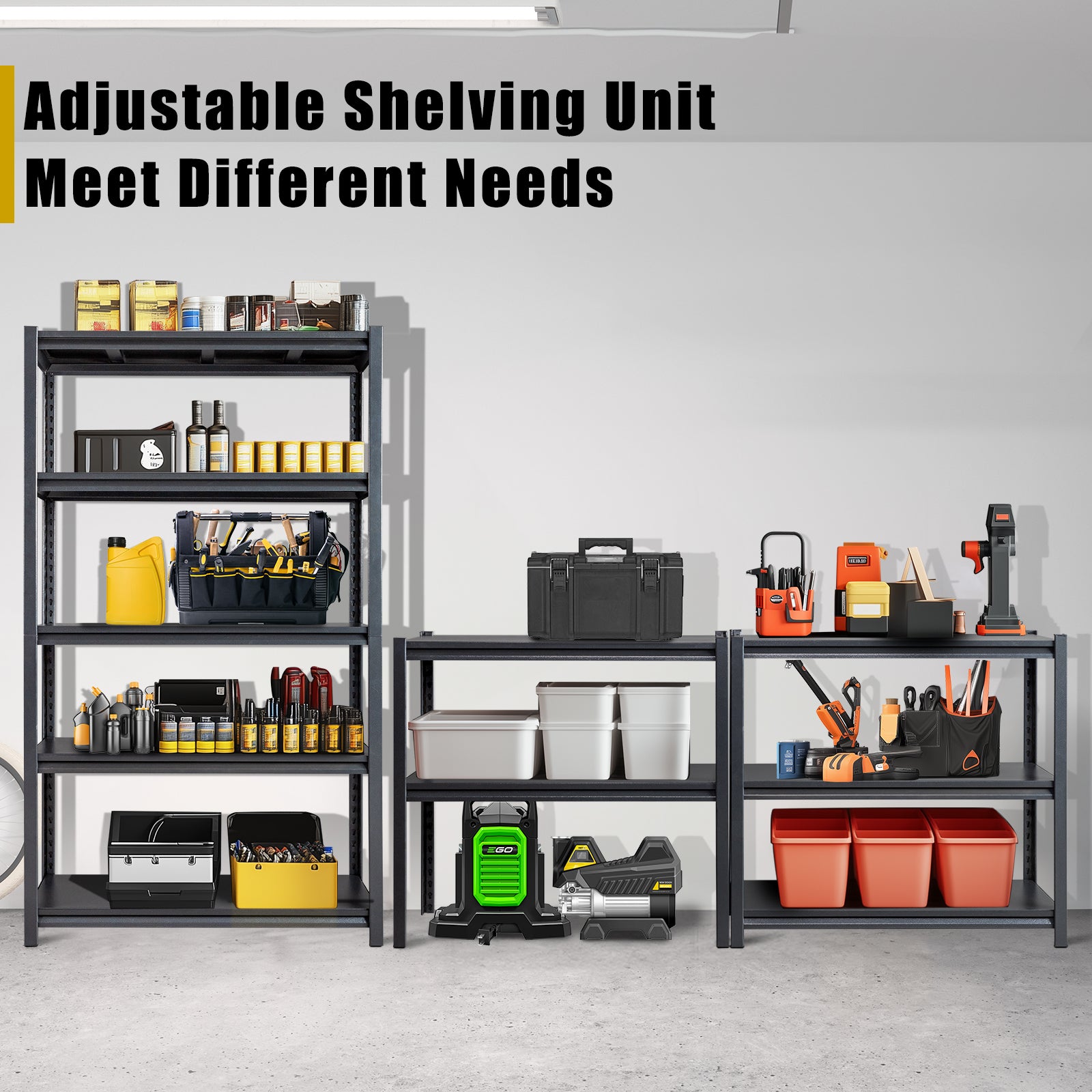 HAOYYE 78" H Adjustable Garage Shelving Unit, 5-Tier Heavy Duty Metal Storage Racks, 2200LBS Capacity, Freestanding Utility Organizer Shelves For Warehouse Pantry Kitchen Garage Closet, Black.