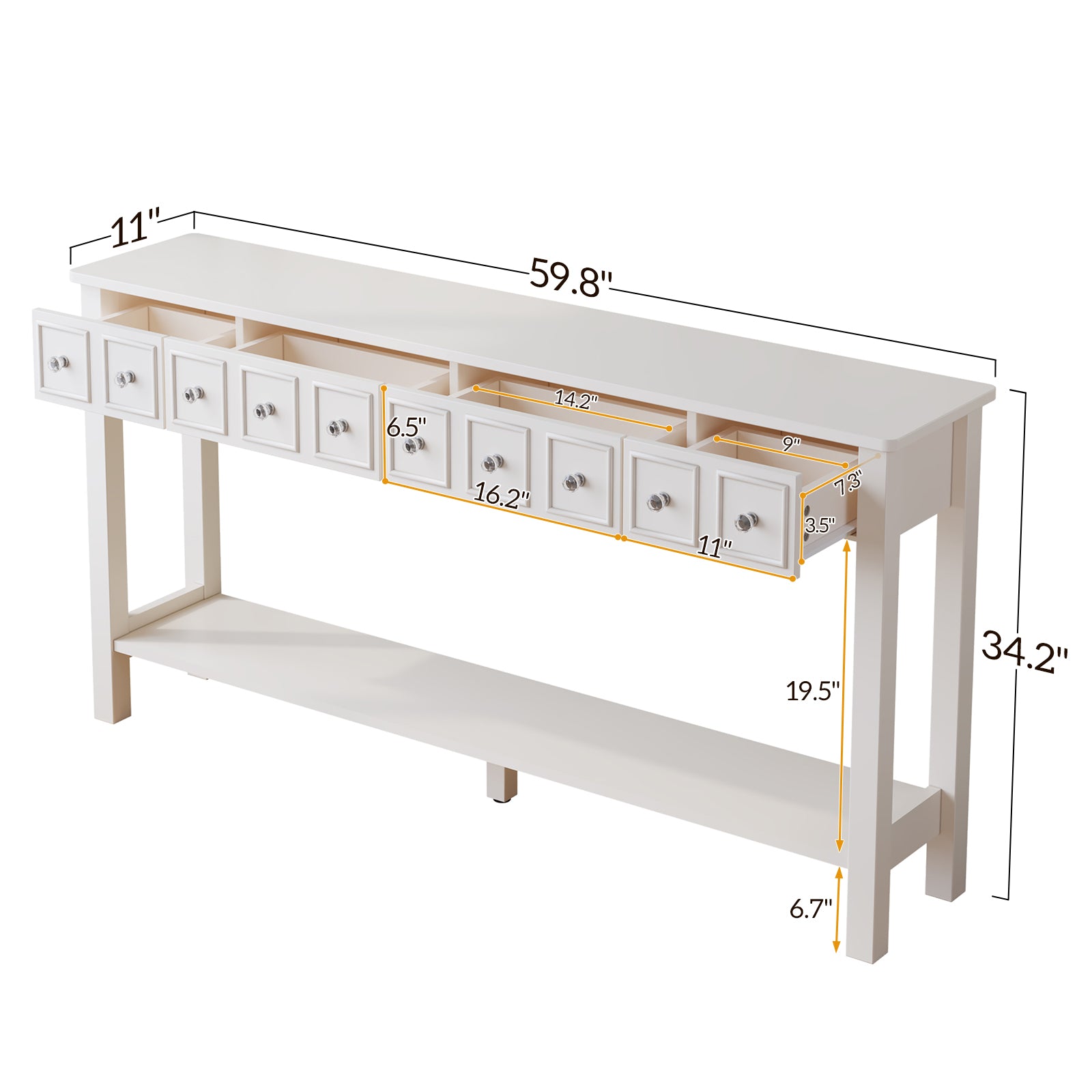 HAOYYE Long Console Table, Entryway Storage Table with Drawers and Bottom Shelf, White Narrow Sofa Table for Hallway and Living Room, Sturdy Modern Design, Versatile Accent Furniture, Easy Assembly