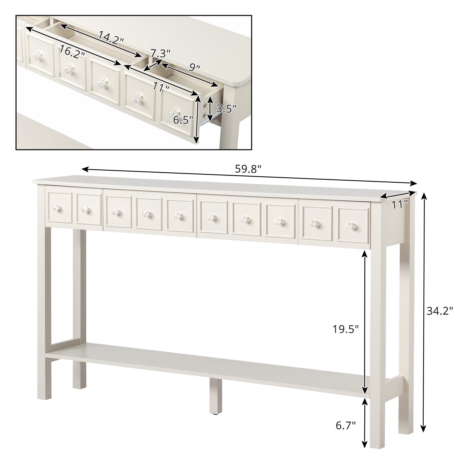 HAOYYE Long Console Table, Entryway Storage Table with Drawers and Bottom Shelf, White Narrow Sofa Table for Hallway and Living Room, Sturdy Modern Design, Versatile Accent Furniture, Easy Assembly