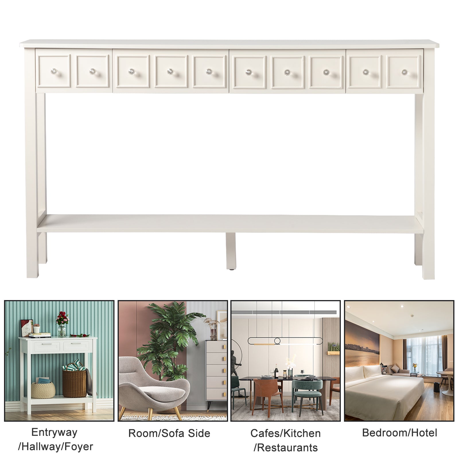 HAOYYE Long Console Table, Entryway Storage Table with Drawers and Bottom Shelf, White Narrow Sofa Table for Hallway and Living Room, Sturdy Modern Design, Versatile Accent Furniture, Easy Assembly