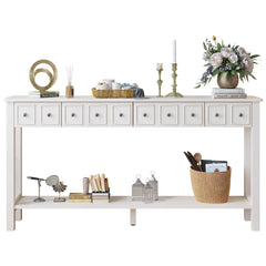 HAOYYE Long Console Table, Entryway Storage Table with Drawers and Bottom Shelf, White Narrow Sofa Table for Hallway and Living Room, Sturdy Modern Design, Versatile Accent Furniture, Easy Assembly