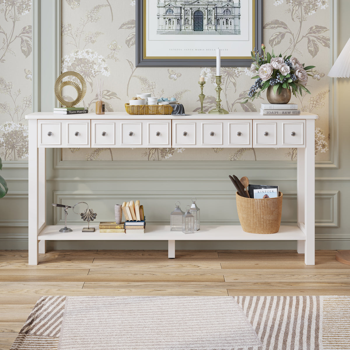 HAOYYE Long Console Table, Entryway Storage Table with Drawers and Bottom Shelf, White Narrow Sofa Table for Hallway and Living Room, Sturdy Modern Design, Versatile Accent Furniture, Easy Assembly