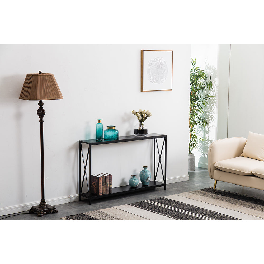 HAOYYE Triamine Board Cross Iron Frame Porch Table, Sofa Side Table, Black Wood Grain with Soft Cozy Warm Flannel Fleece, Luxury Comfortable Home Decor, Premium Quality, Unique Design, Ideal for Living Room, Bedroom, Entryway, and Office