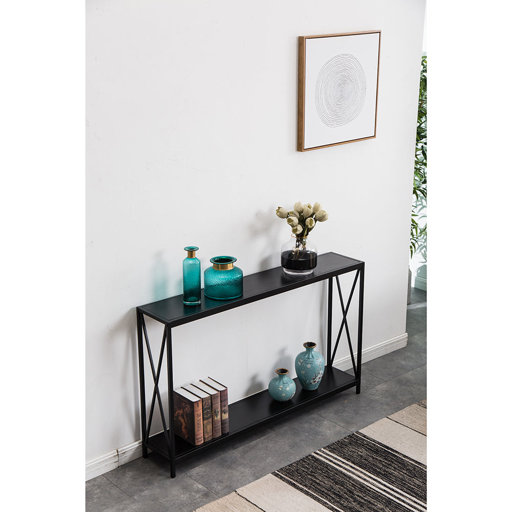 HAOYYE Triamine Board Cross Iron Frame Porch Table, Sofa Side Table, Black Wood Grain with Soft Cozy Warm Flannel Fleece, Luxury Comfortable Home Decor, Premium Quality, Unique Design, Ideal for Living Room, Bedroom, Entryway, and Office