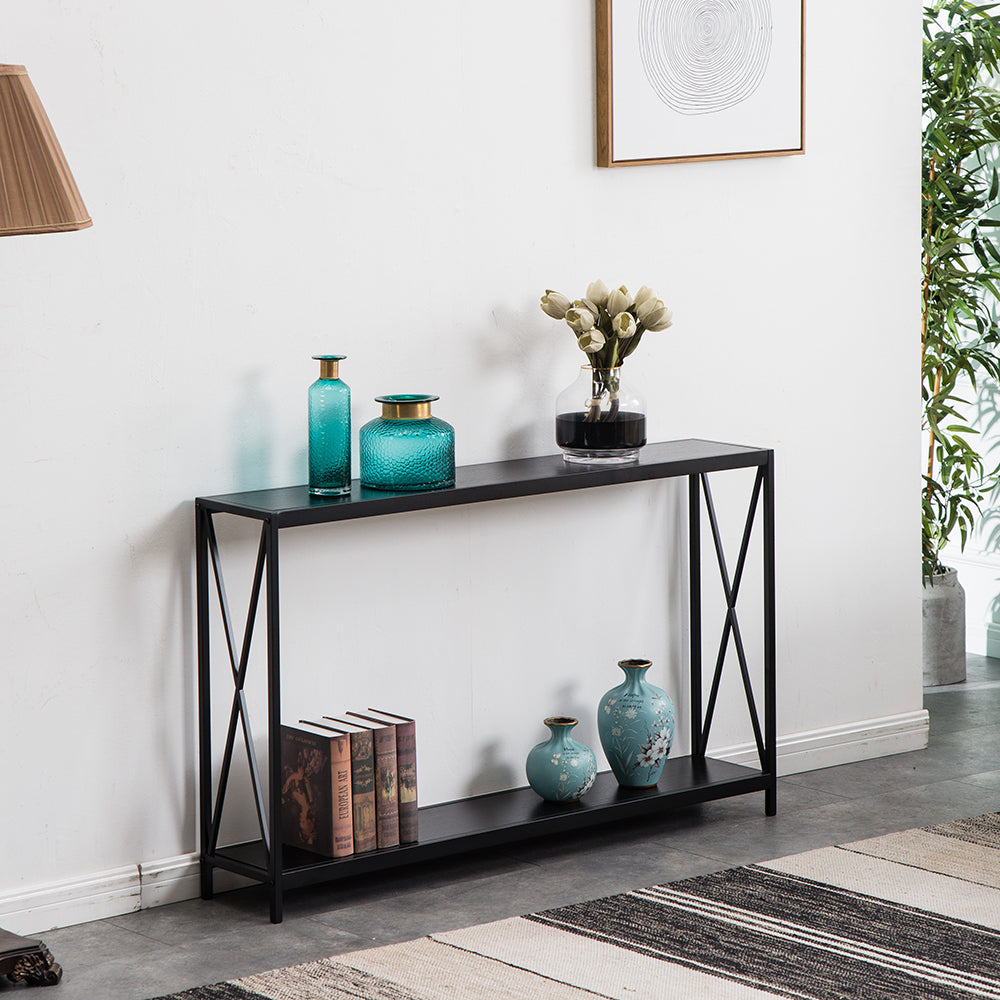 HAOYYE Triamine Board Cross Iron Frame Porch Table, Sofa Side Table, Black Wood Grain with Soft Cozy Warm Flannel Fleece, Luxury Comfortable Home Decor, Premium Quality, Unique Design, Ideal for Living Room, Bedroom, Entryway, and Office