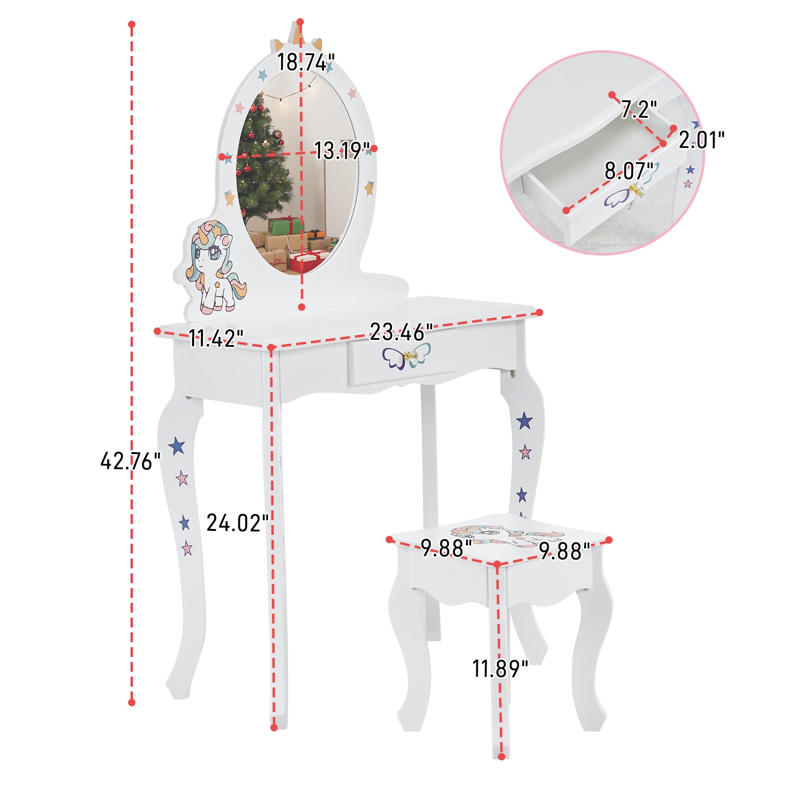 HAOYYE Kids Vanity Table and Chair Set, Girls Unicorn Vanity with Mirror & Stool, Cute Pretend Play Makeup Dressing Table, White Princess Vanity for Toddlers, Kids Bedroom Furniture, Perfect Gift for Birthday or Holidays