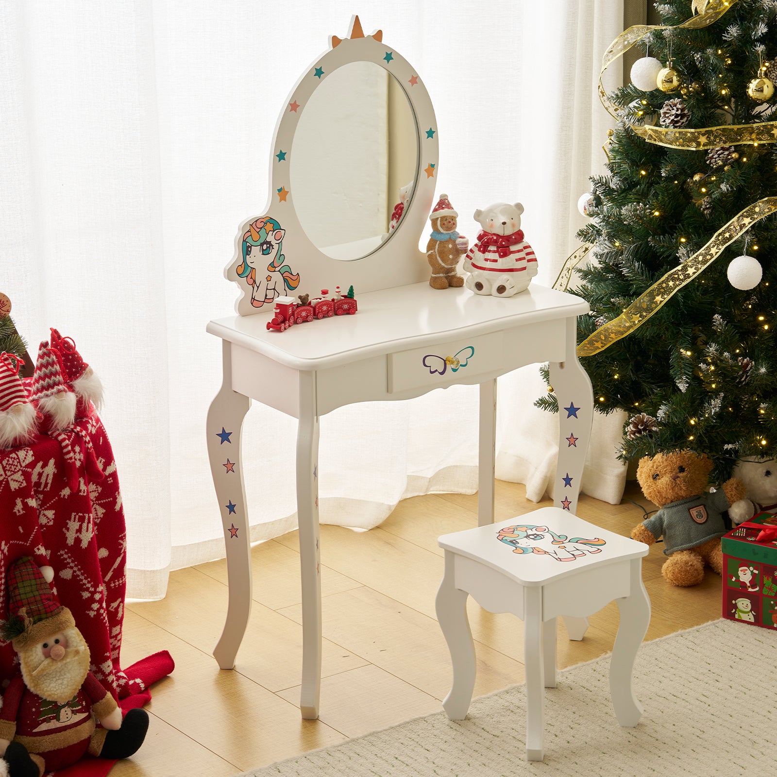 HAOYYE Kids Vanity Table and Chair Set, Girls Unicorn Vanity with Mirror & Stool, Cute Pretend Play Makeup Dressing Table, White Princess Vanity for Toddlers, Kids Bedroom Furniture, Perfect Gift for Birthday or Holidays