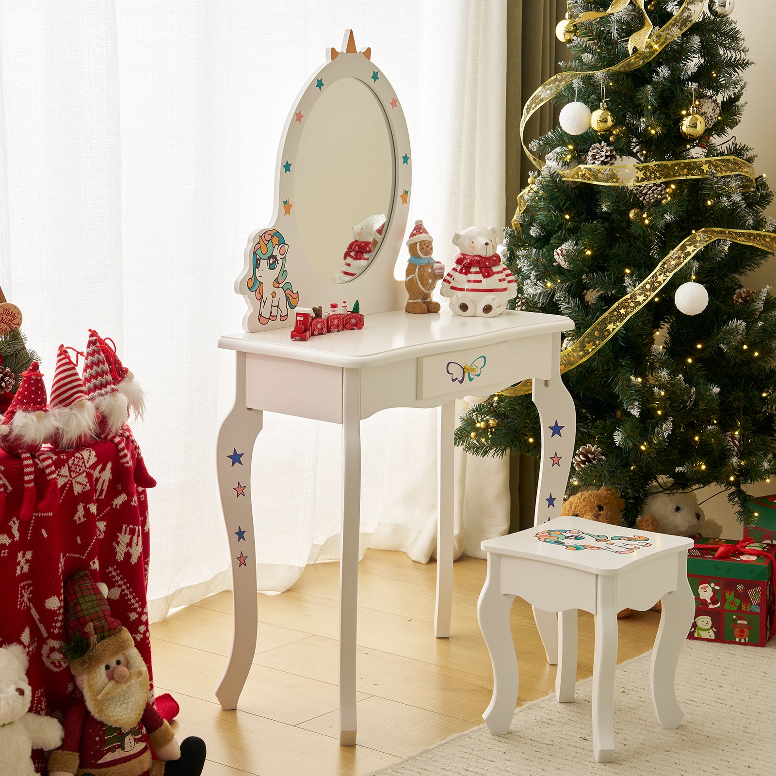 HAOYYE Kids Vanity Table and Chair Set, Girls Unicorn Vanity with Mirror & Stool, Cute Pretend Play Makeup Dressing Table, White Princess Vanity for Toddlers, Kids Bedroom Furniture, Perfect Gift for Birthday or Holidays