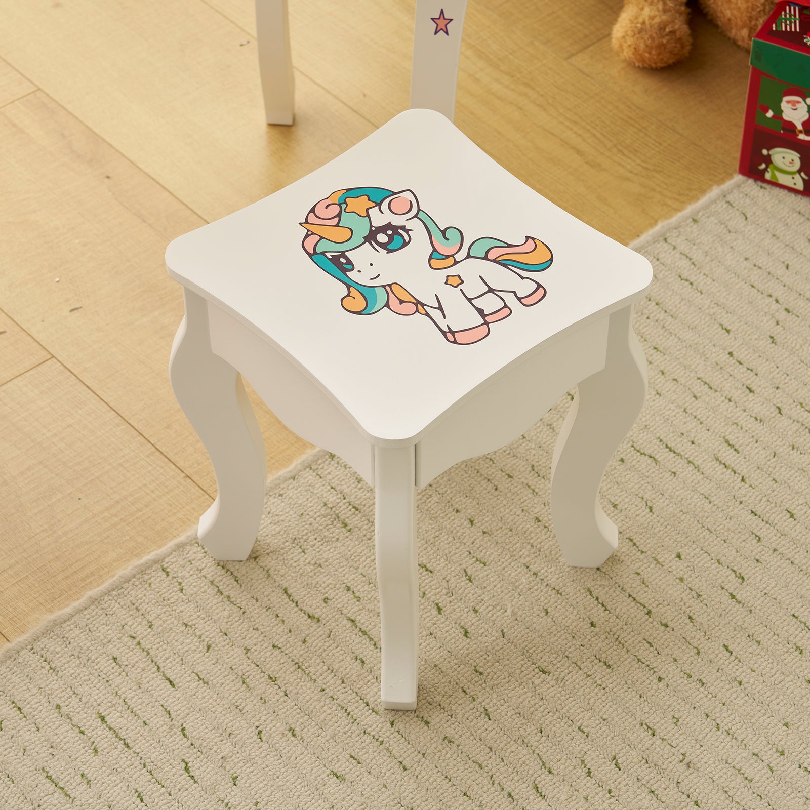 HAOYYE Kids Vanity Table and Chair Set, Girls Unicorn Vanity with Mirror & Stool, Cute Pretend Play Makeup Dressing Table, White Princess Vanity for Toddlers, Kids Bedroom Furniture, Perfect Gift for Birthday or Holidays