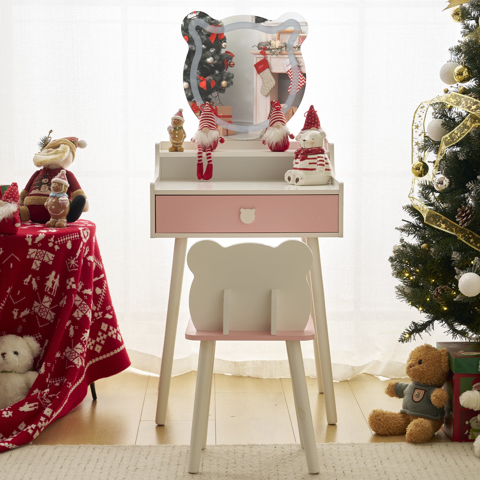 HAOYYE Kids Vanity Table and Chair Set, Girls Vanity with Bear-Shaped Mirror & 3-Color LED Lights, Large Drawer & Storage Shelf, Pretend Play Makeup Dressing Table for Toddlers, White, Ideal for Bedrooms, Playrooms, Birthday Gift for Little Princesses