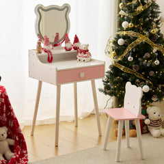 HAOYYE Kids Vanity Table and Chair Set, Girls Vanity with Bear-Shaped Mirror & 3-Color LED Lights, Large Drawer & Storage Shelf, Pretend Play Makeup Dressing Table for Toddlers, White, Ideal for Bedrooms, Playrooms, Birthday Gift for Little Princesses