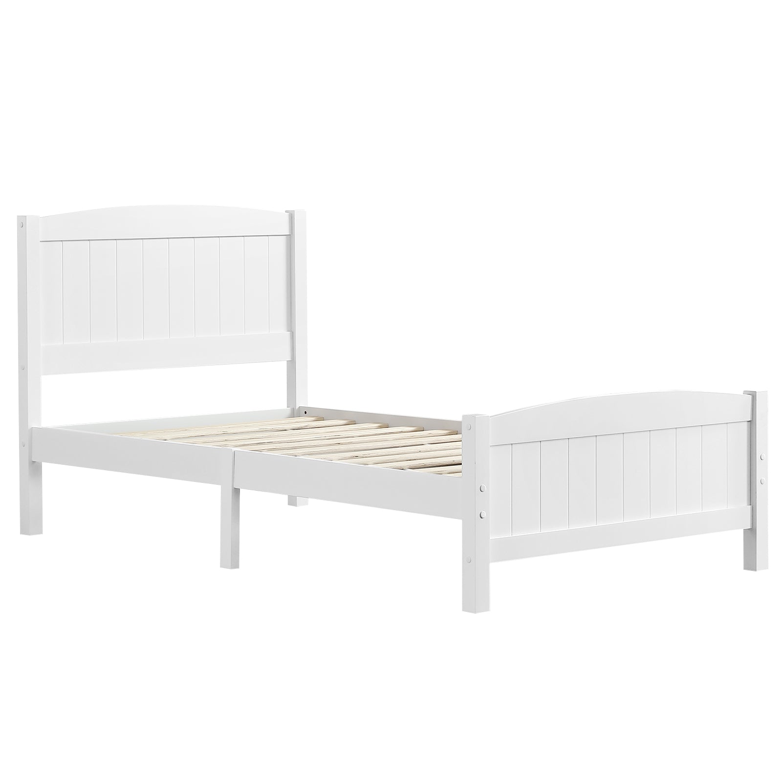 HAOYYE FCH Twin Size Pine Wood Bed with Single-Layer Core, Vertical Stripe Full-Board Design, Curved Headboard and Matching Footboard, Modern White Wooden Bed Frame for Bedroom, Durable, Stylish, Easy Assembly