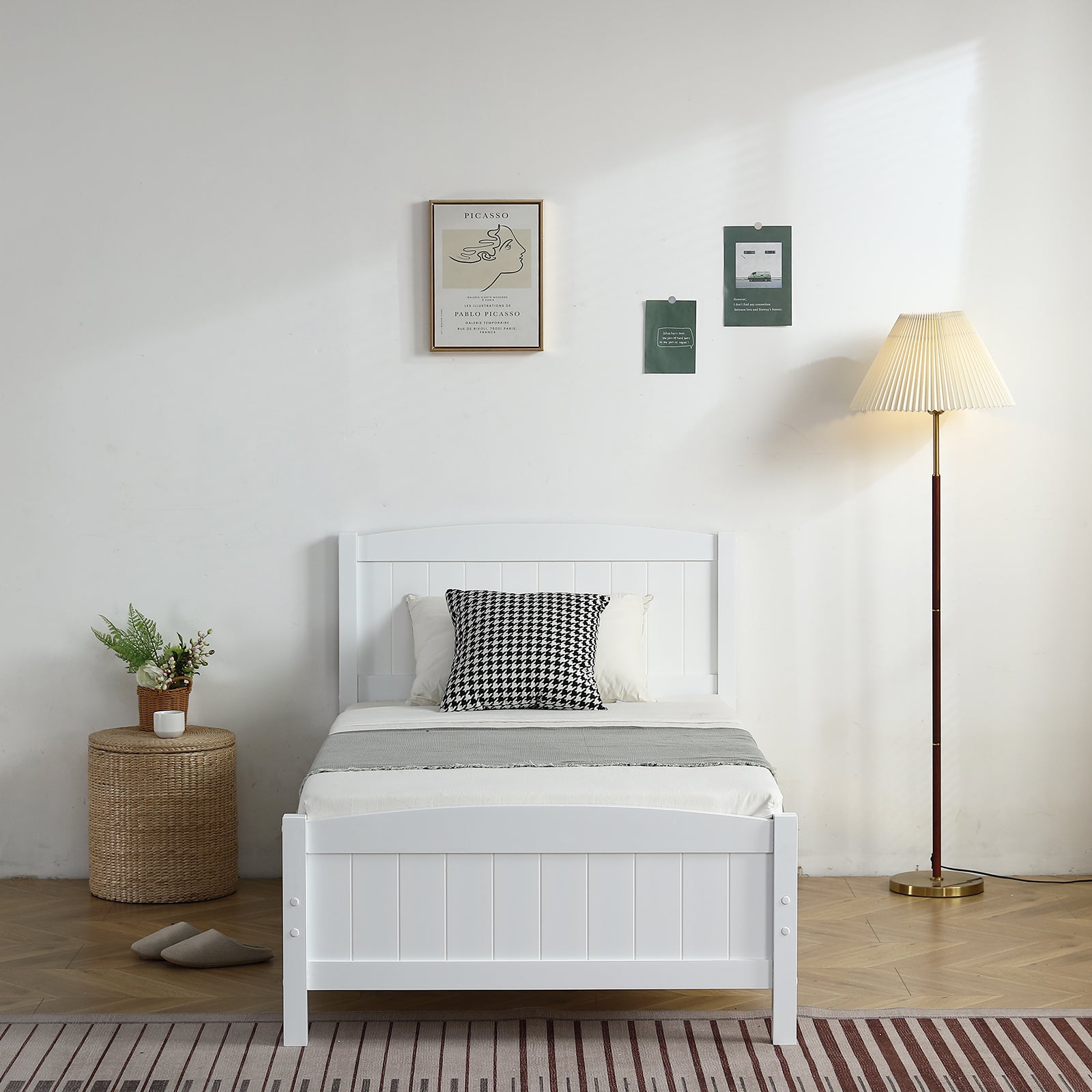 HAOYYE FCH Twin Size Pine Wood Bed with Single-Layer Core, Vertical Stripe Full-Board Design, Curved Headboard and Matching Footboard, Modern White Wooden Bed Frame for Bedroom, Durable, Stylish, Easy Assembly