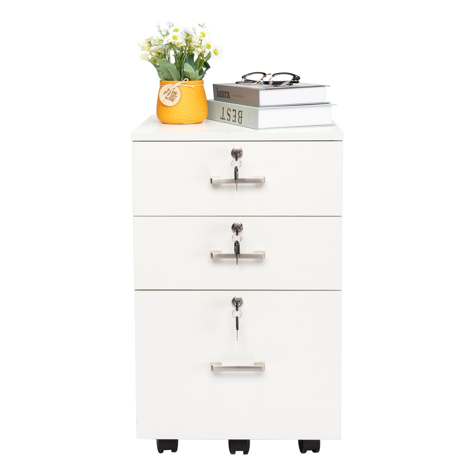HAOYYE White Wood Grain Filing Cabinet with 3 Drawers Modern Office Storage Organizer Mobile Drawer Unit with Wheels for Home Office Study Room Durable Wooden Design