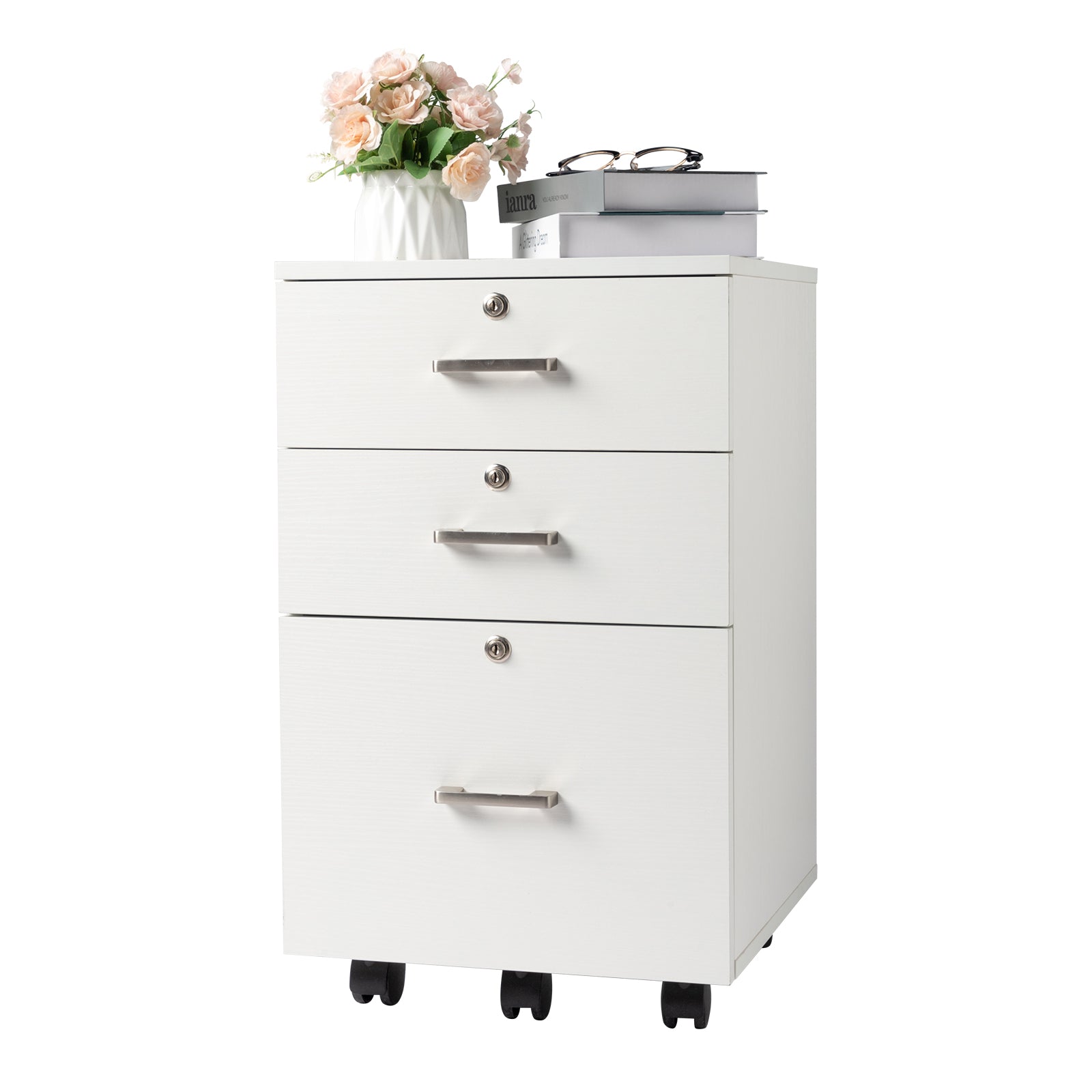 HAOYYE White Wood Grain Filing Cabinet with 3 Drawers Modern Office Storage Organizer Mobile Drawer Unit with Wheels for Home Office Study Room Durable Wooden Design