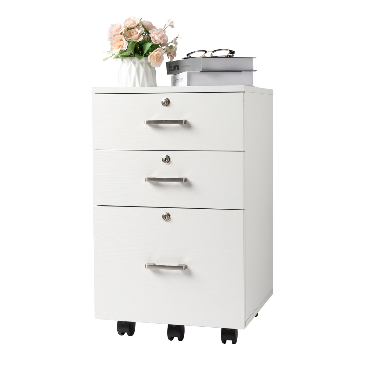 HAOYYE White Wood Grain Filing Cabinet with 3 Drawers Modern Office Storage Organizer Mobile Drawer Unit with Wheels for Home Office Study Room Durable Wooden Design