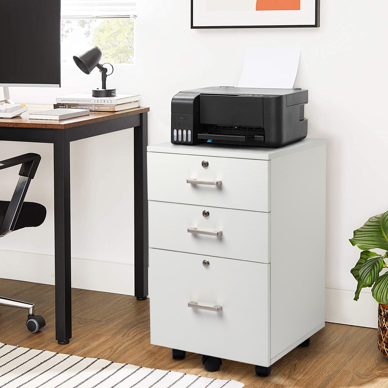 HAOYYE White Wood Grain Filing Cabinet with 3 Drawers Modern Office Storage Organizer Mobile Drawer Unit with Wheels for Home Office Study Room Durable Wooden Design