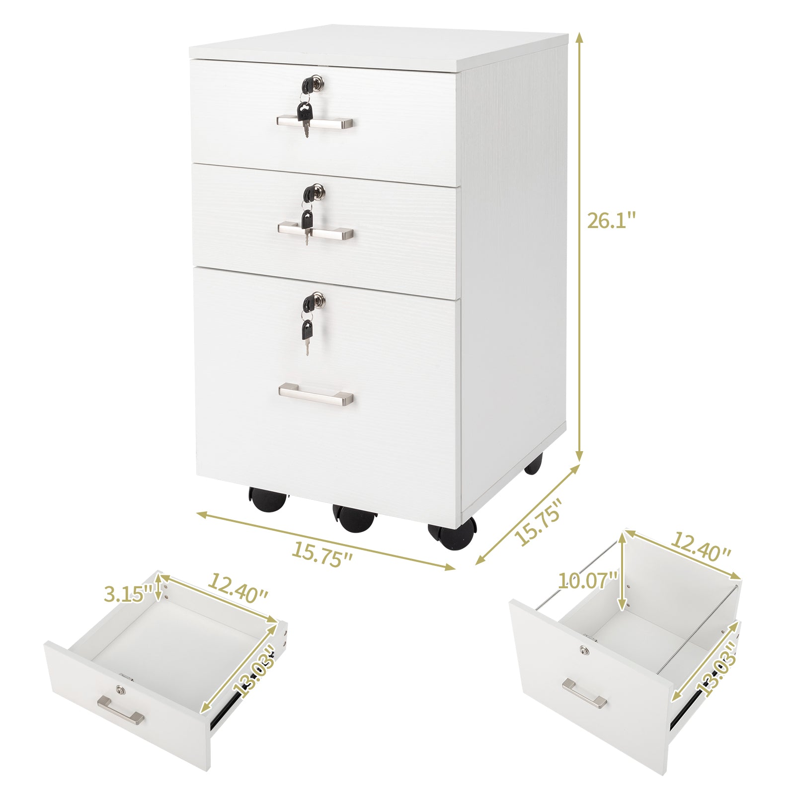 HAOYYE White Wood Grain Filing Cabinet with 3 Drawers Modern Office Storage Organizer Mobile Drawer Unit with Wheels for Home Office Study Room Durable Wooden Design