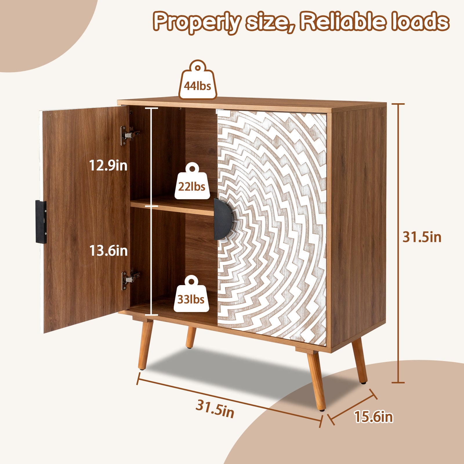 HAOYYE Bohemian Sideboard Storage Cabinet with White Pattern Carved MDF Door Panels Original Wood Melamine Body High Legs Modern Accent Buffet Cabinet for Living Room or Entryway