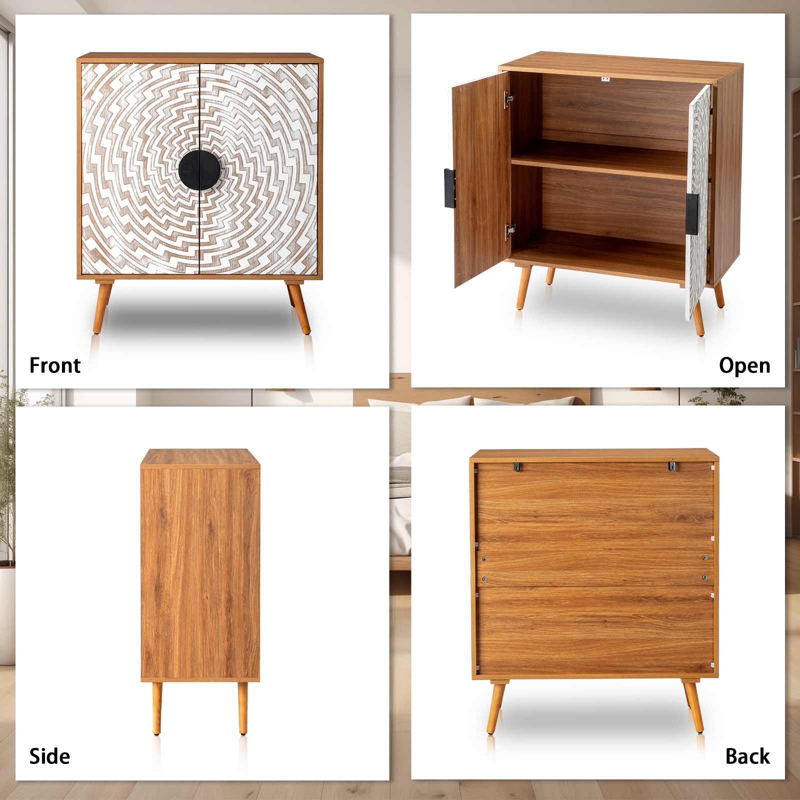 HAOYYE Bohemian Sideboard Storage Cabinet with White Pattern Carved MDF Door Panels Original Wood Melamine Body High Legs Modern Accent Buffet Cabinet for Living Room or Entryway