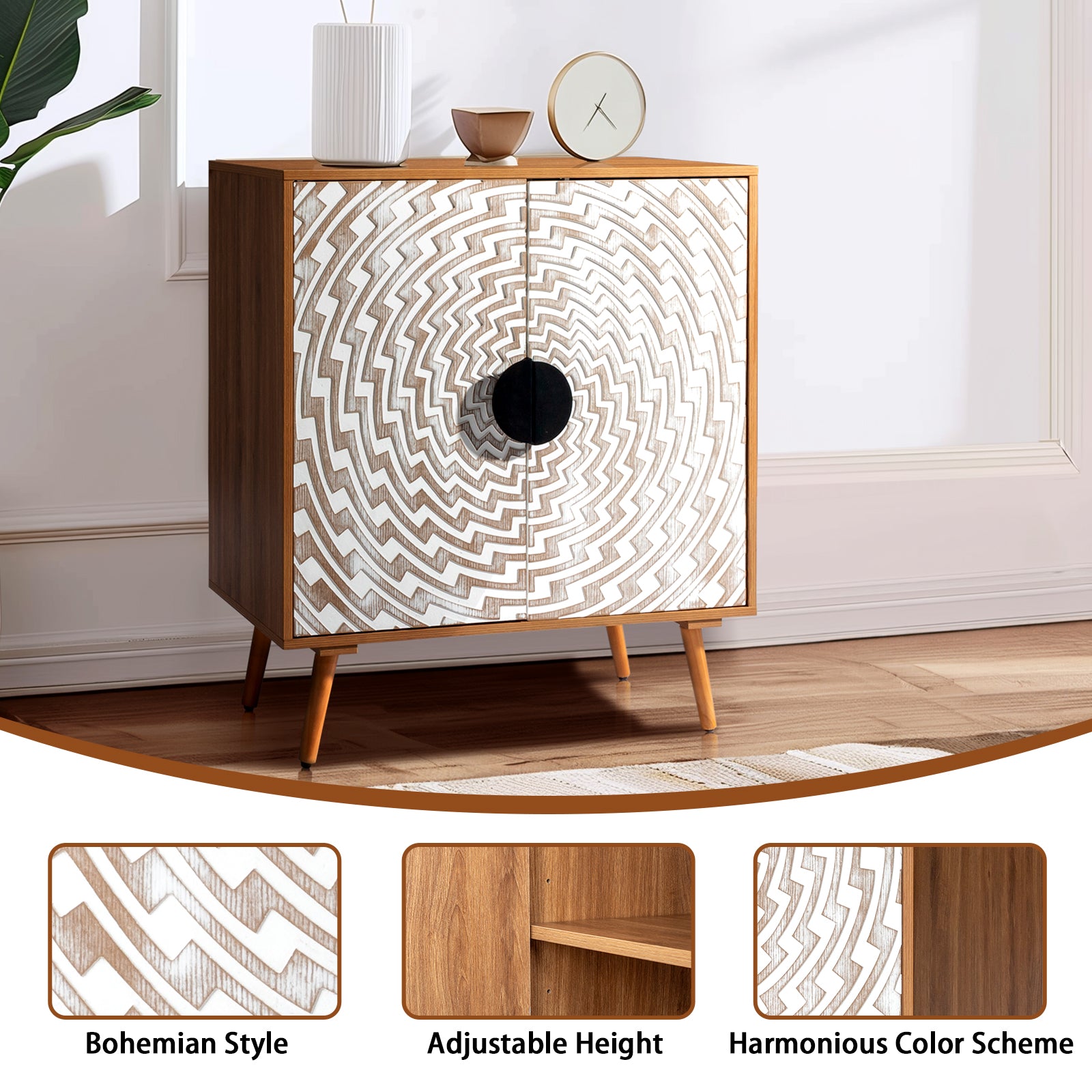HAOYYE Bohemian Sideboard Storage Cabinet with White Pattern Carved MDF Door Panels Original Wood Melamine Body High Legs Modern Accent Buffet Cabinet for Living Room or Entryway
