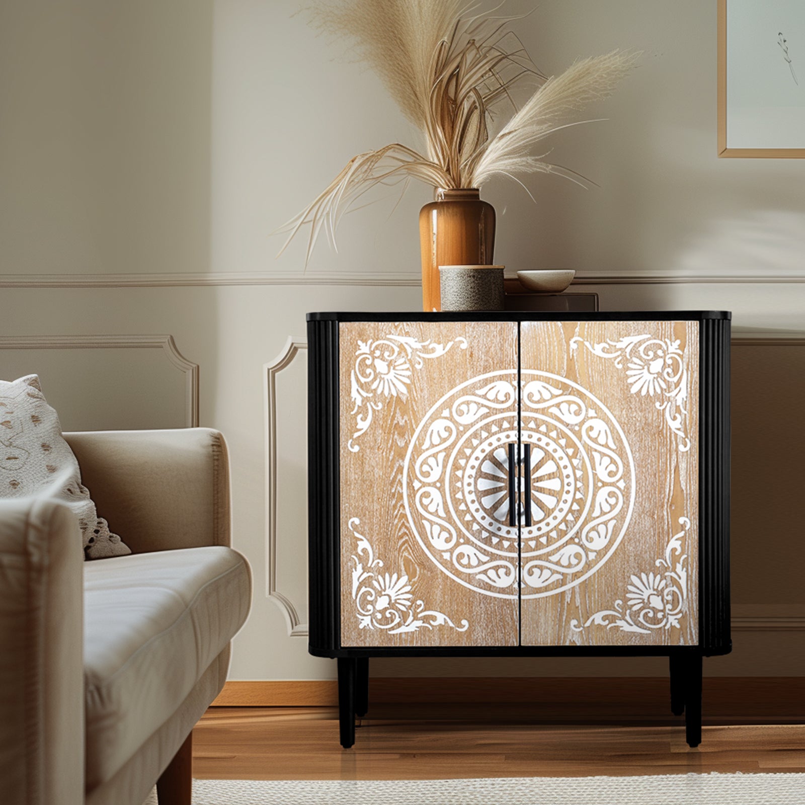 HAOYYE Pattern Carved Sideboard With High Feet And Oval Tabletop, Curved Side Frame, MDF Door Panels With Spray Paint Finish, Polished Melamine Board Cabinet Body, Elegant Modern Storage Cabinet For Living Room And Dining Room