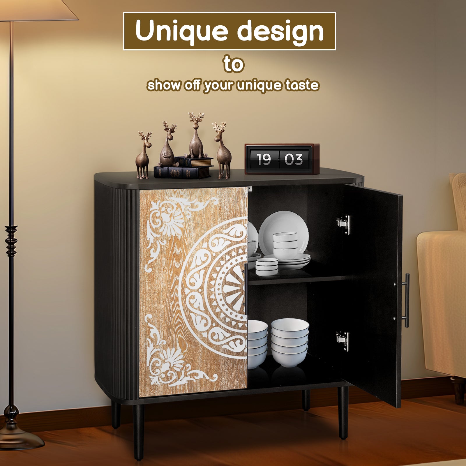 HAOYYE Pattern Carved Sideboard With High Feet And Oval Tabletop, Curved Side Frame, MDF Door Panels With Spray Paint Finish, Polished Melamine Board Cabinet Body, Elegant Modern Storage Cabinet For Living Room And Dining Room