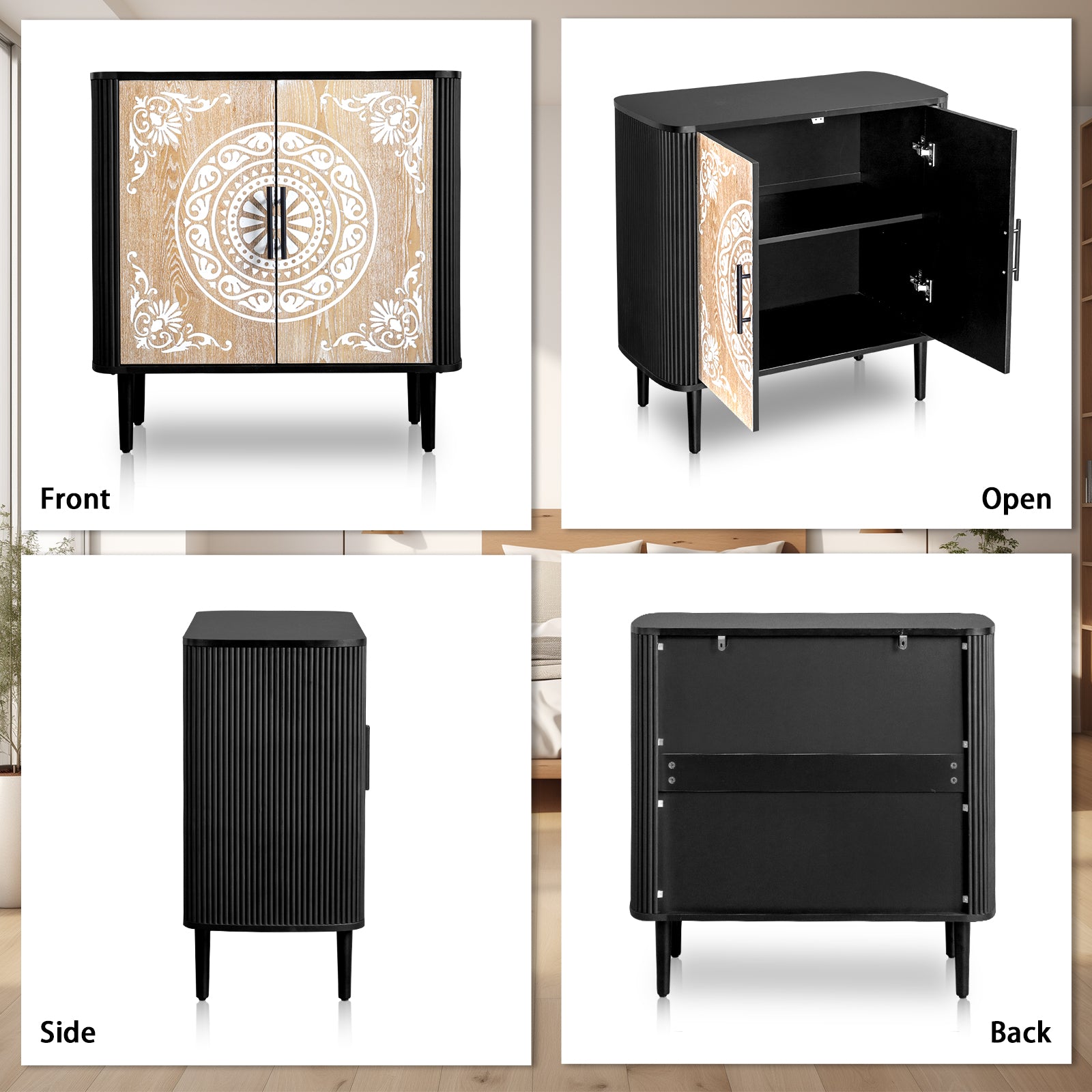 HAOYYE Pattern Carved Sideboard With High Feet And Oval Tabletop, Curved Side Frame, MDF Door Panels With Spray Paint Finish, Polished Melamine Board Cabinet Body, Elegant Modern Storage Cabinet For Living Room And Dining Room