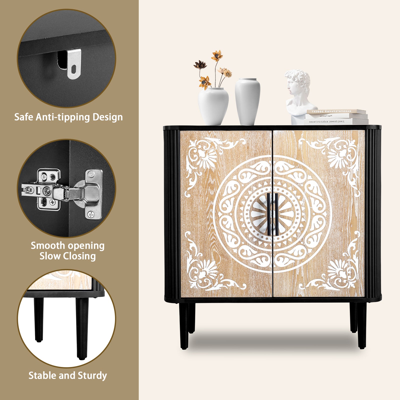HAOYYE Pattern Carved Sideboard With High Feet And Oval Tabletop, Curved Side Frame, MDF Door Panels With Spray Paint Finish, Polished Melamine Board Cabinet Body, Elegant Modern Storage Cabinet For Living Room And Dining Room