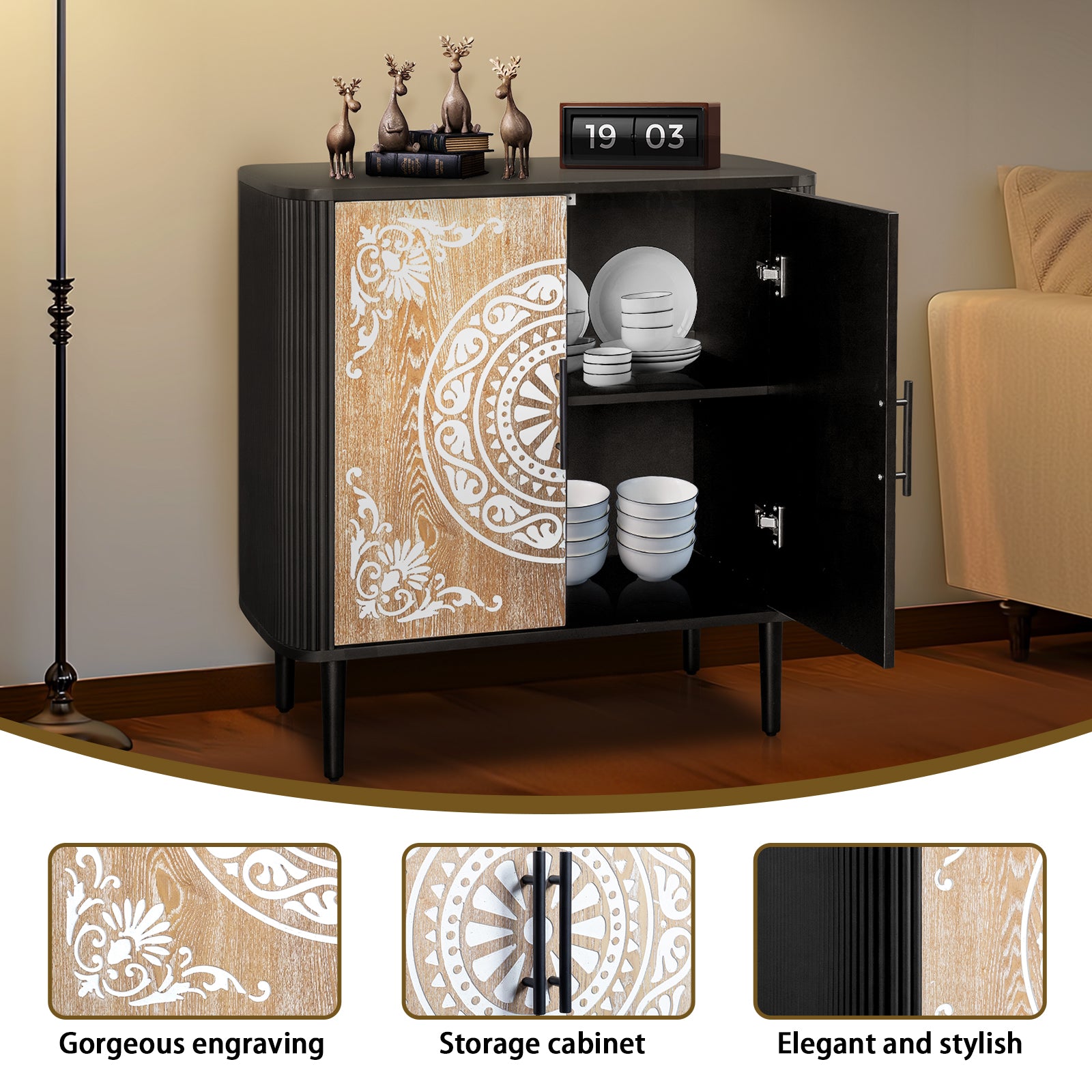 HAOYYE Pattern Carved Sideboard With High Feet And Oval Tabletop, Curved Side Frame, MDF Door Panels With Spray Paint Finish, Polished Melamine Board Cabinet Body, Elegant Modern Storage Cabinet For Living Room And Dining Room
