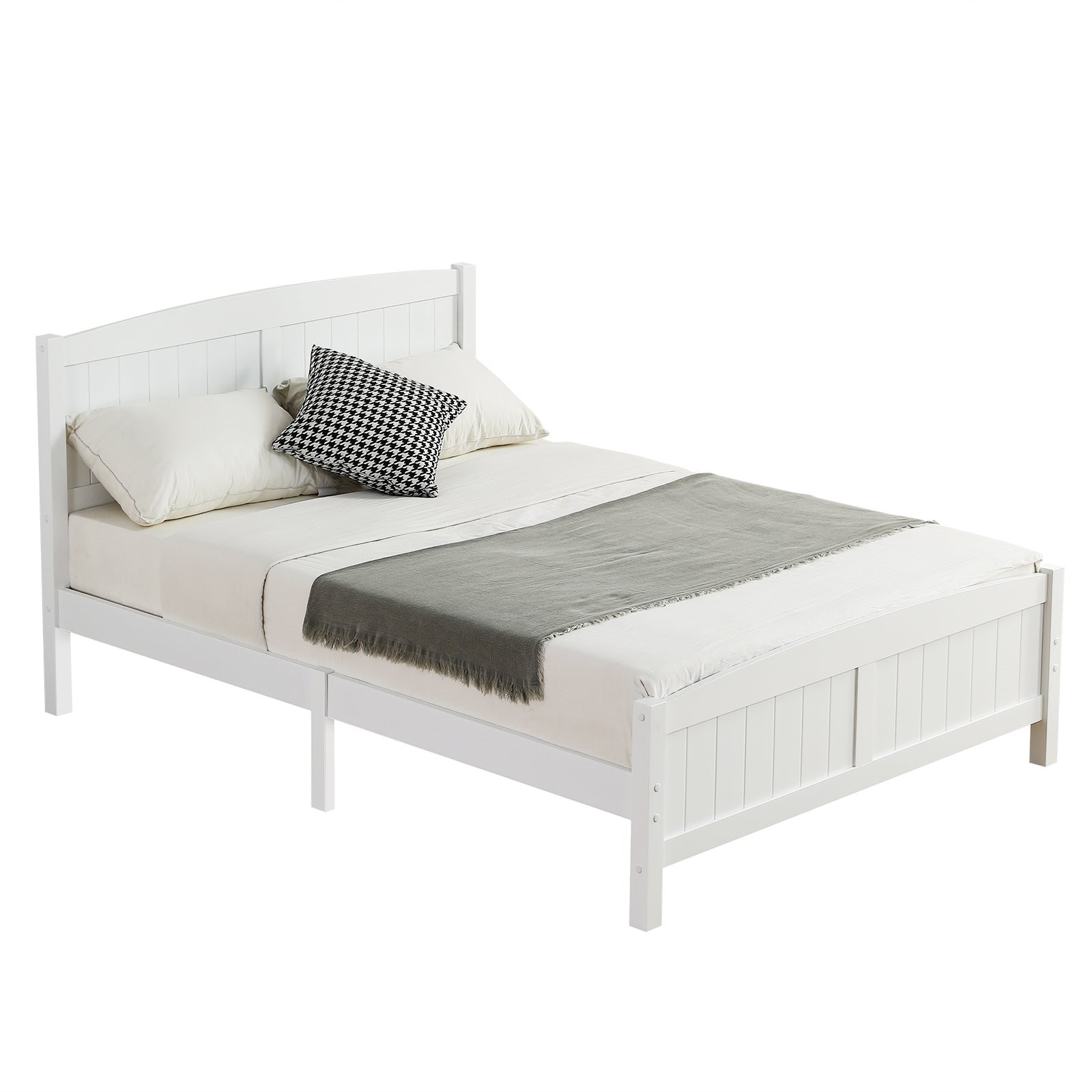 HAOYYE FCH Full Pine Vertical Stripe Wooden Bed with Curved Head and Foot, White, Durable Full Size Bed Frame, Modern Design, Sturdy and Space-Saving for Bedroom