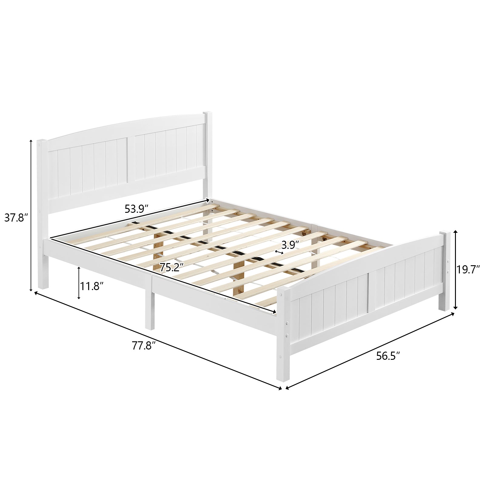 HAOYYE FCH Full Pine Vertical Stripe Wooden Bed with Curved Head and Foot, White, Durable Full Size Bed Frame, Modern Design, Sturdy and Space-Saving for Bedroom