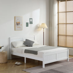 HAOYYE FCH Full Pine Vertical Stripe Wooden Bed with Curved Head and Foot, White, Durable Full Size Bed Frame, Modern Design, Sturdy and Space-Saving for Bedroom