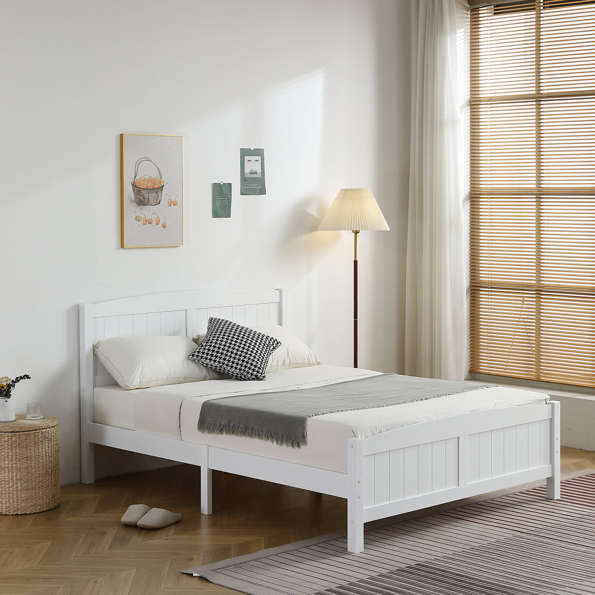 HAOYYE FCH Full Pine Vertical Stripe Wooden Bed with Curved Head and Foot, White, Durable Full Size Bed Frame, Modern Design, Sturdy and Space-Saving for Bedroom