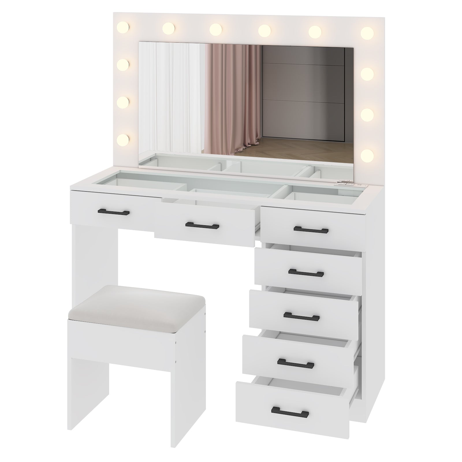HAOYYE Vanity Desk Set with Large LED Lighted Mirror, 12 Lights, Adjustable 3-Color Lighting, Glass Top Makeup Vanity Table with 7 Drawers, Power Outlet, White Vanity Table for Bedroom & Dressing Room