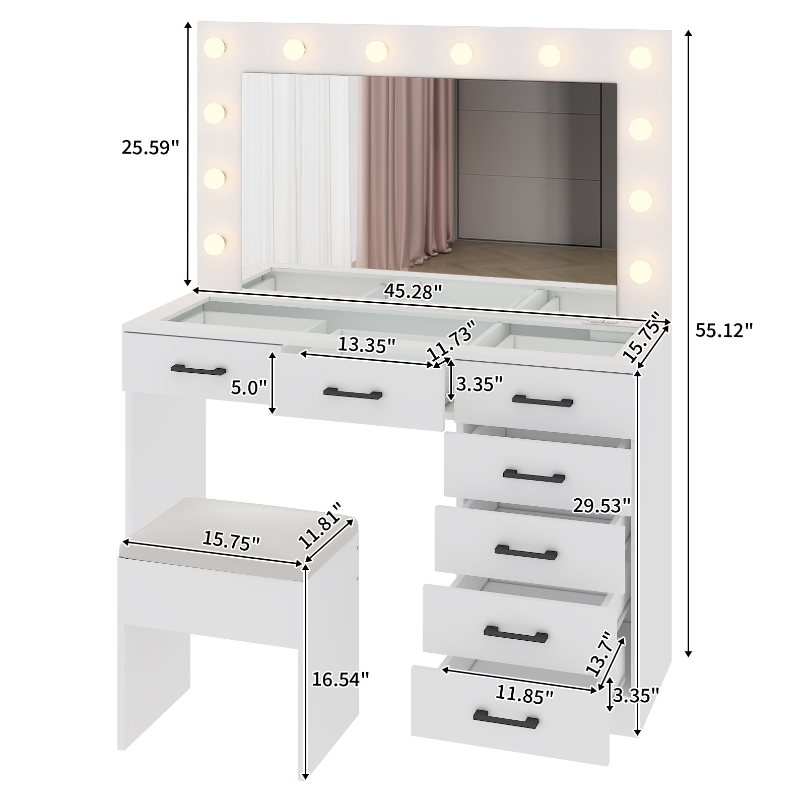 HAOYYE Vanity Desk Set with Large LED Lighted Mirror, 12 Lights, Adjustable 3-Color Lighting, Glass Top Makeup Vanity Table with 7 Drawers, Power Outlet, White Vanity Table for Bedroom & Dressing Room