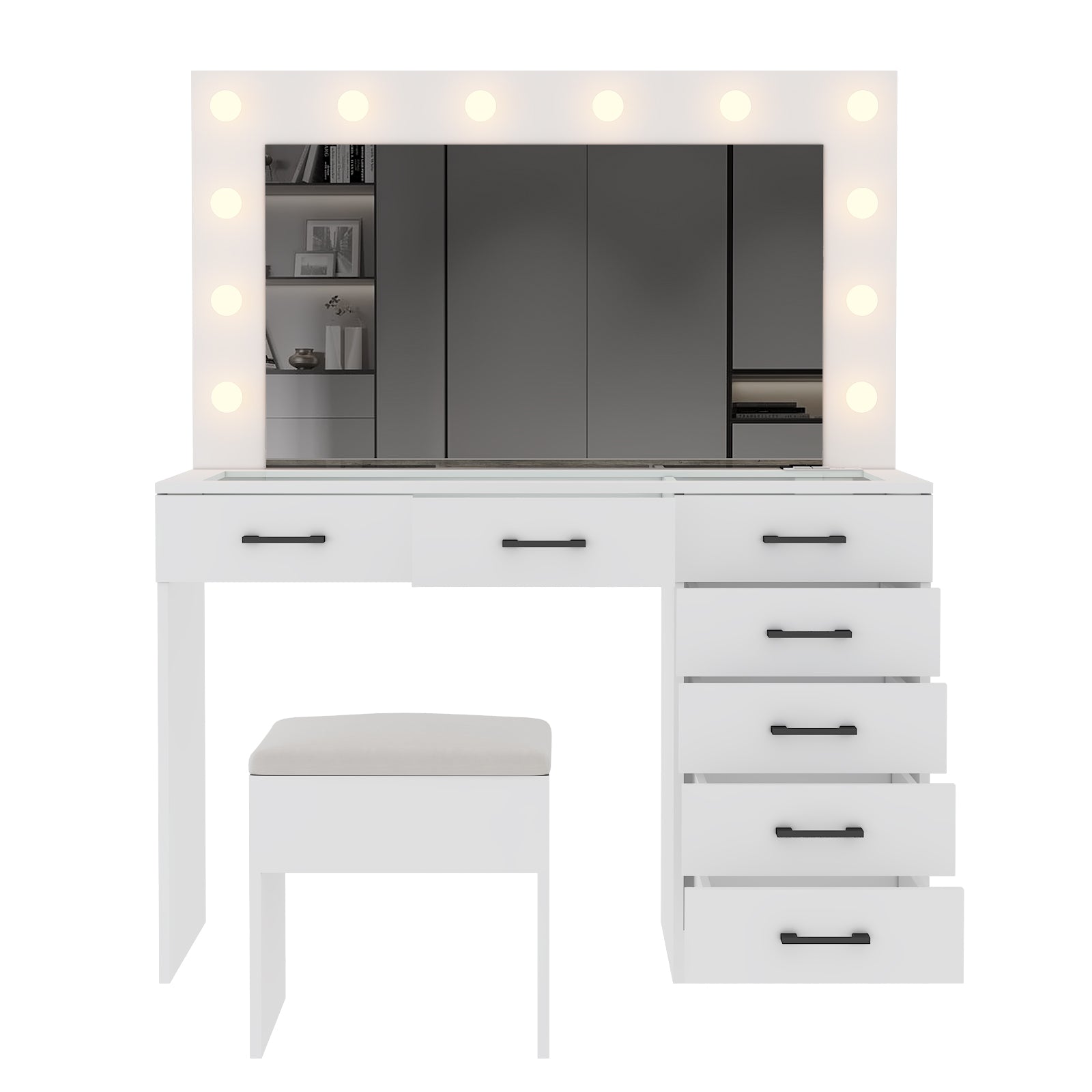HAOYYE Vanity Desk Set with Large LED Lighted Mirror, 12 Lights, Adjustable 3-Color Lighting, Glass Top Makeup Vanity Table with 7 Drawers, Power Outlet, White Vanity Table for Bedroom & Dressing Room