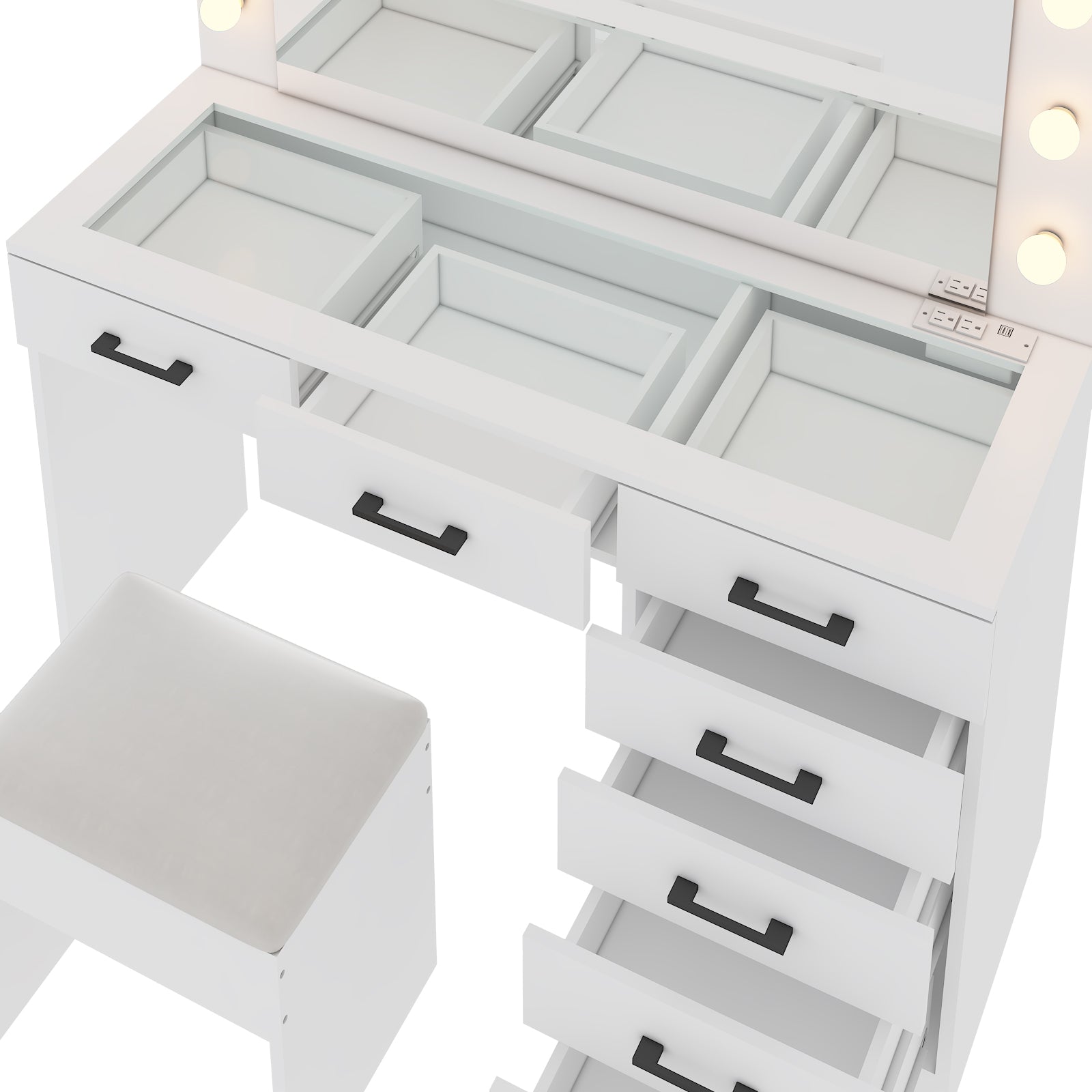 HAOYYE Vanity Desk Set with Large LED Lighted Mirror, 12 Lights, Adjustable 3-Color Lighting, Glass Top Makeup Vanity Table with 7 Drawers, Power Outlet, White Vanity Table for Bedroom & Dressing Room