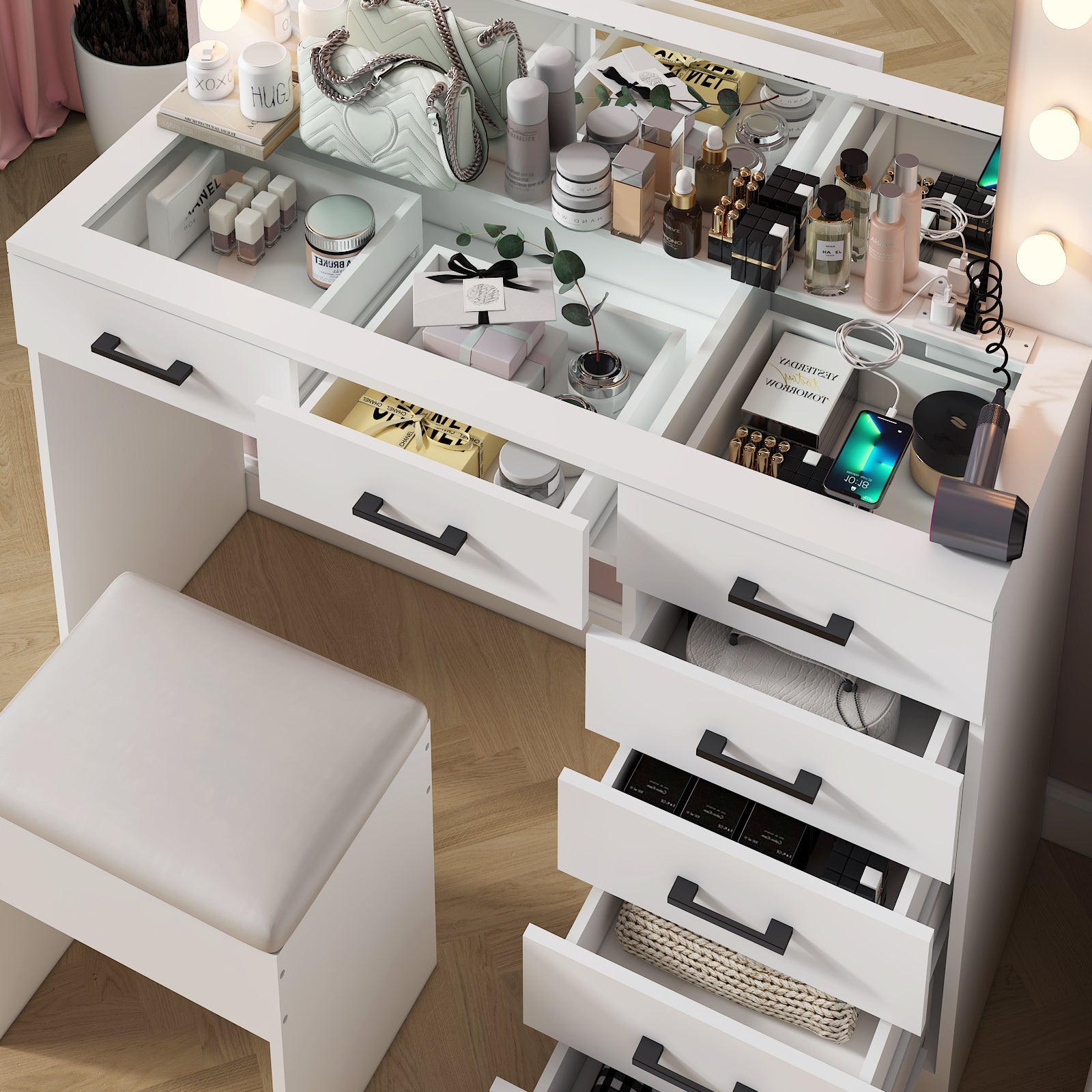 HAOYYE Vanity Desk Set with Large LED Lighted Mirror, 12 Lights, Adjustable 3-Color Lighting, Glass Top Makeup Vanity Table with 7 Drawers, Power Outlet, White Vanity Table for Bedroom & Dressing Room