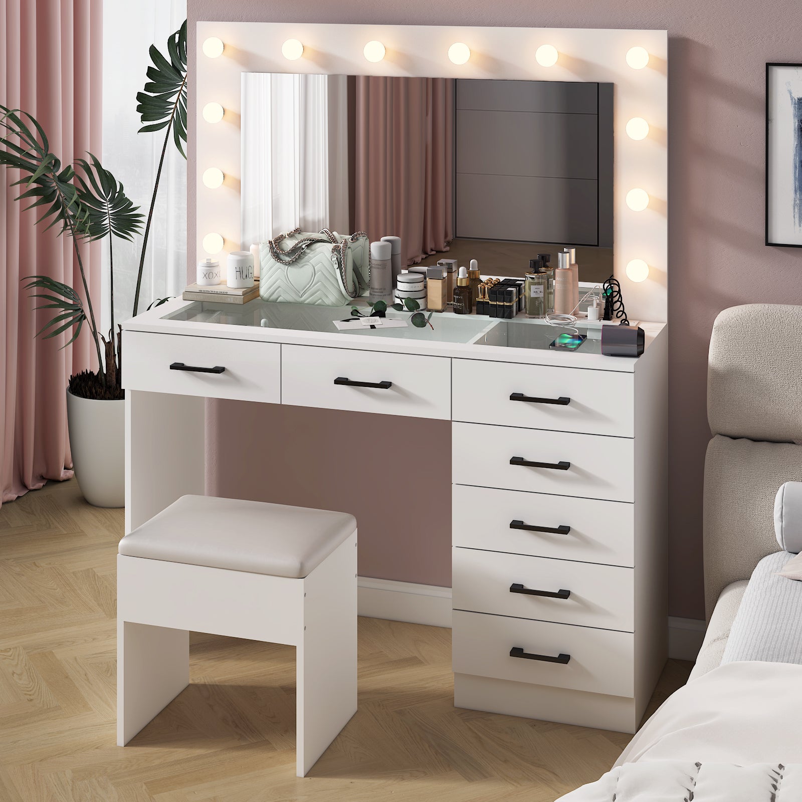 HAOYYE Vanity Desk Set with Large LED Lighted Mirror, 12 Lights, Adjustable 3-Color Lighting, Glass Top Makeup Vanity Table with 7 Drawers, Power Outlet, White Vanity Table for Bedroom & Dressing Room