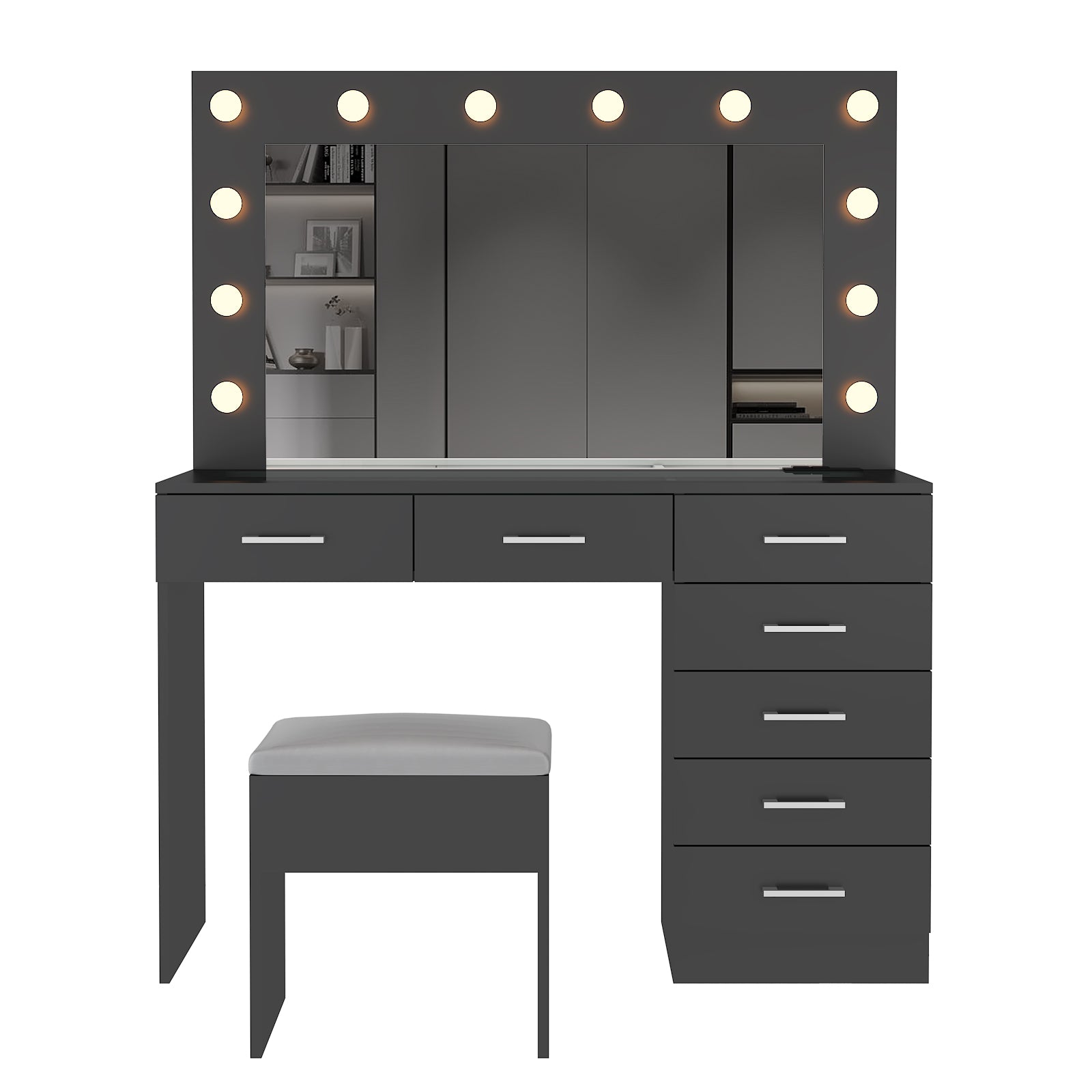 HAOYYE Makeup Vanity Desk Set with Large Lighted Mirror, Power Outlet, Glass Top, 7 Drawers, 12 LED Lights, 3 Adjustable Lighting Colors, Black Vanity Table with Storage for Bedroom or Beauty Room
