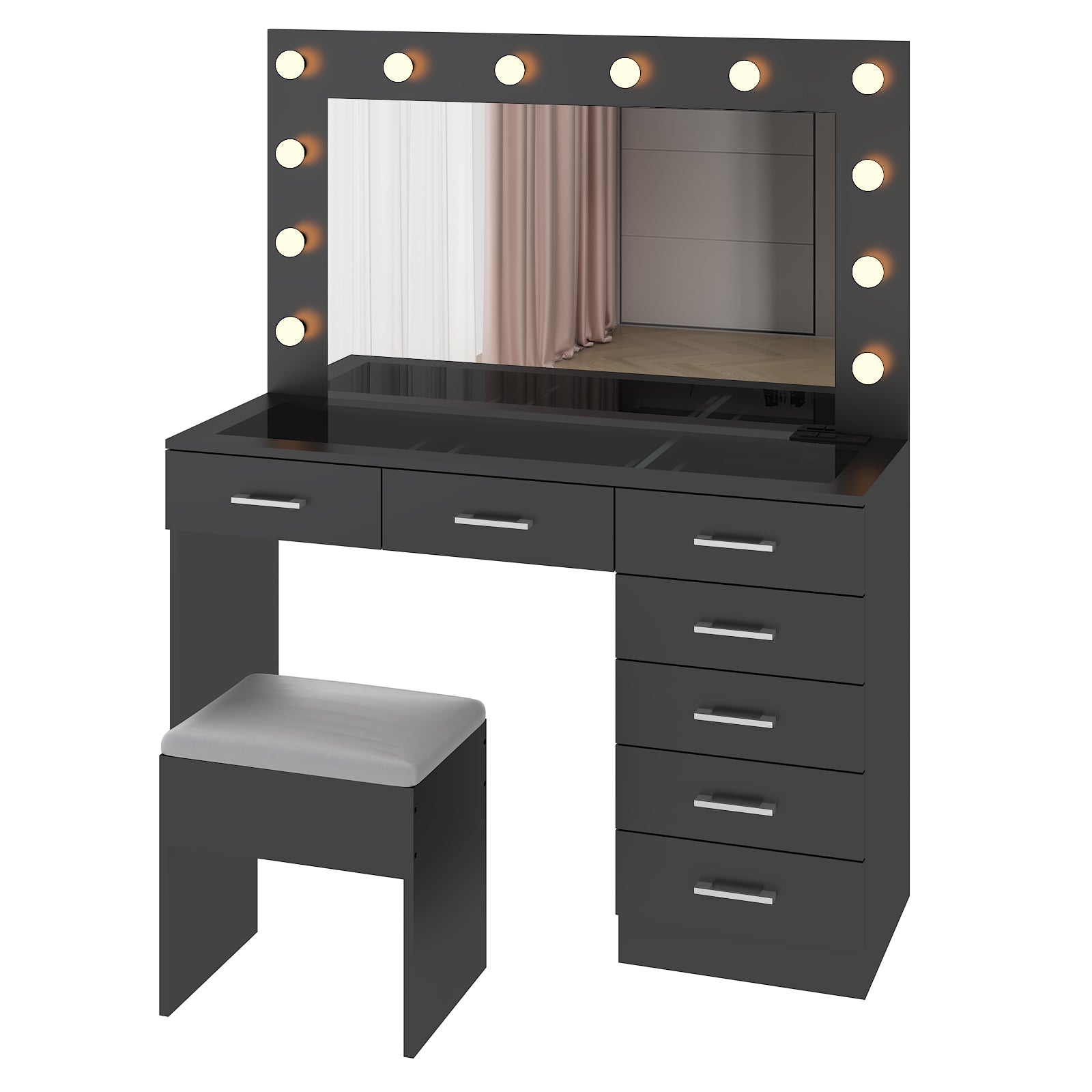 HAOYYE Makeup Vanity Desk Set with Large Lighted Mirror, Power Outlet, Glass Top, 7 Drawers, 12 LED Lights, 3 Adjustable Lighting Colors, Black Vanity Table with Storage for Bedroom or Beauty Room