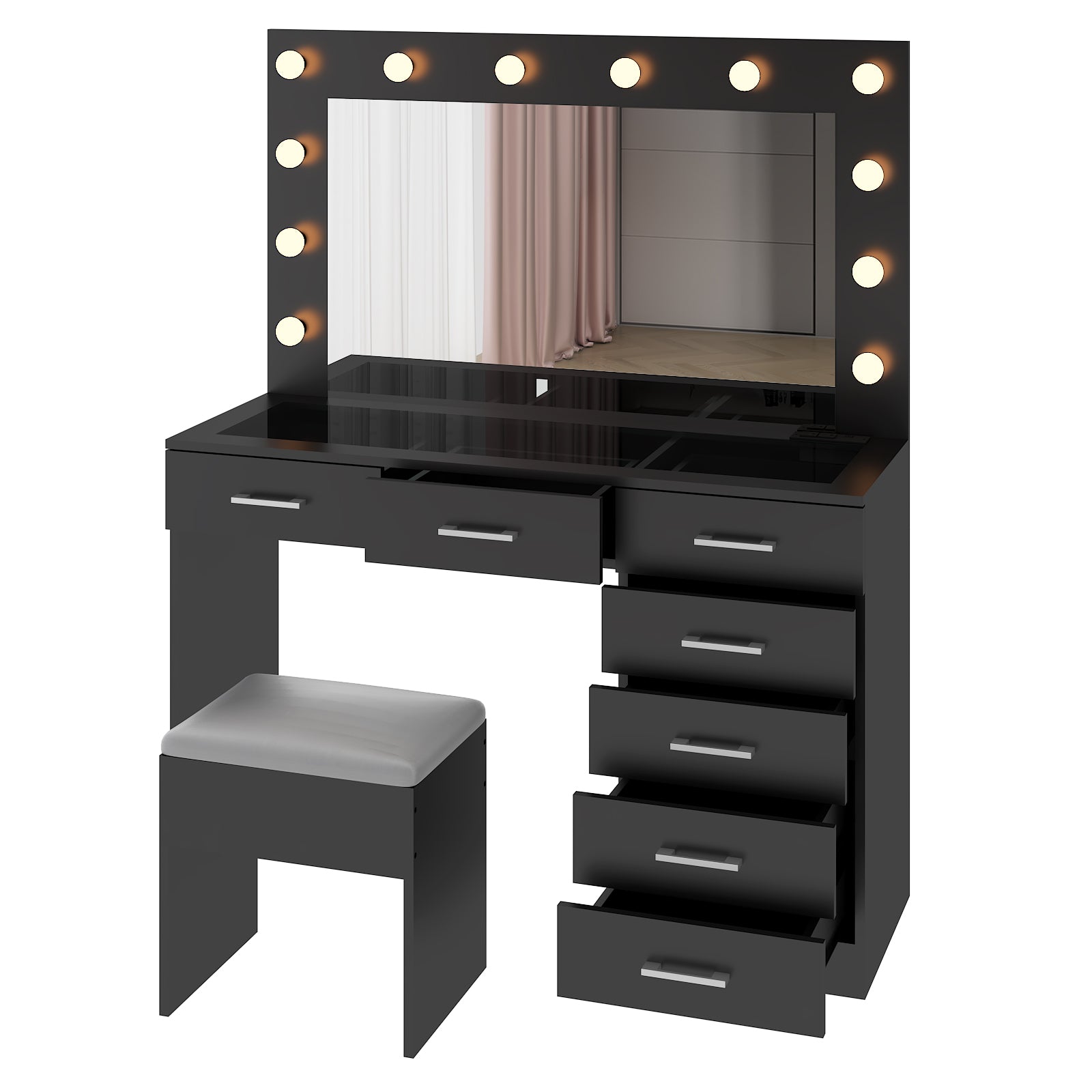 HAOYYE Makeup Vanity Desk Set with Large Lighted Mirror, Power Outlet, Glass Top, 7 Drawers, 12 LED Lights, 3 Adjustable Lighting Colors, Black Vanity Table with Storage for Bedroom or Beauty Room