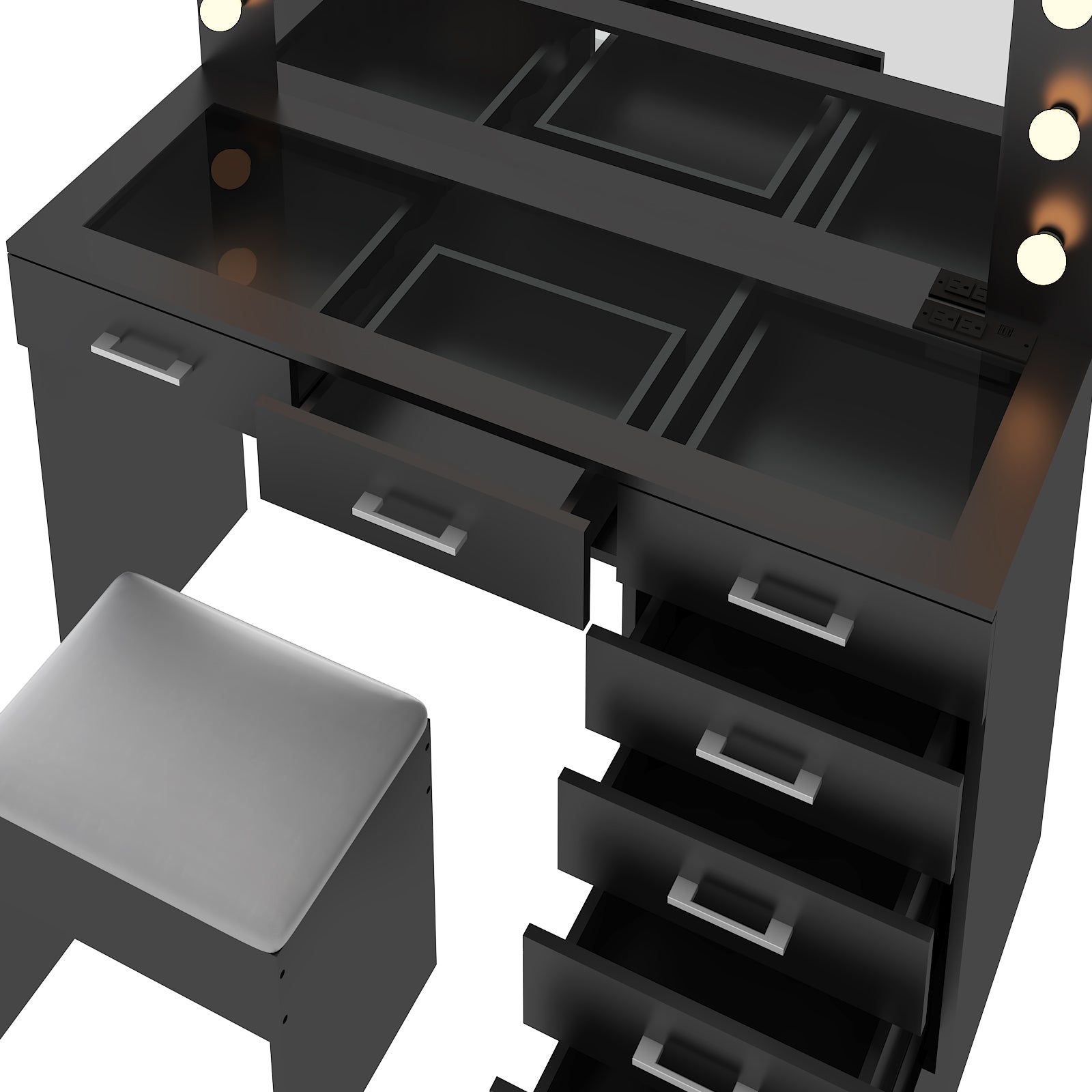 HAOYYE Makeup Vanity Desk Set with Large Lighted Mirror, Power Outlet, Glass Top, 7 Drawers, 12 LED Lights, 3 Adjustable Lighting Colors, Black Vanity Table with Storage for Bedroom or Beauty Room