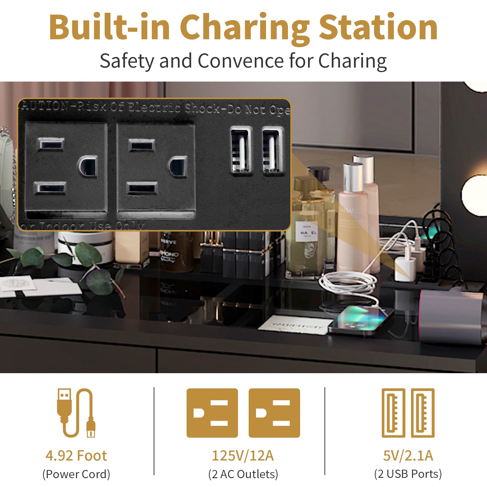 HAOYYE Makeup Vanity Desk Set with Large Lighted Mirror, Power Outlet, Glass Top, 7 Drawers, 12 LED Lights, 3 Adjustable Lighting Colors, Black Vanity Table with Storage for Bedroom or Beauty Room