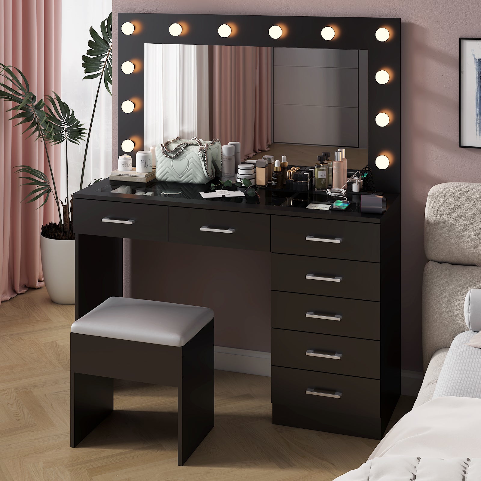 HAOYYE Makeup Vanity Desk Set with Large Lighted Mirror, Power Outlet, Glass Top, 7 Drawers, 12 LED Lights, 3 Adjustable Lighting Colors, Black Vanity Table with Storage for Bedroom or Beauty Room