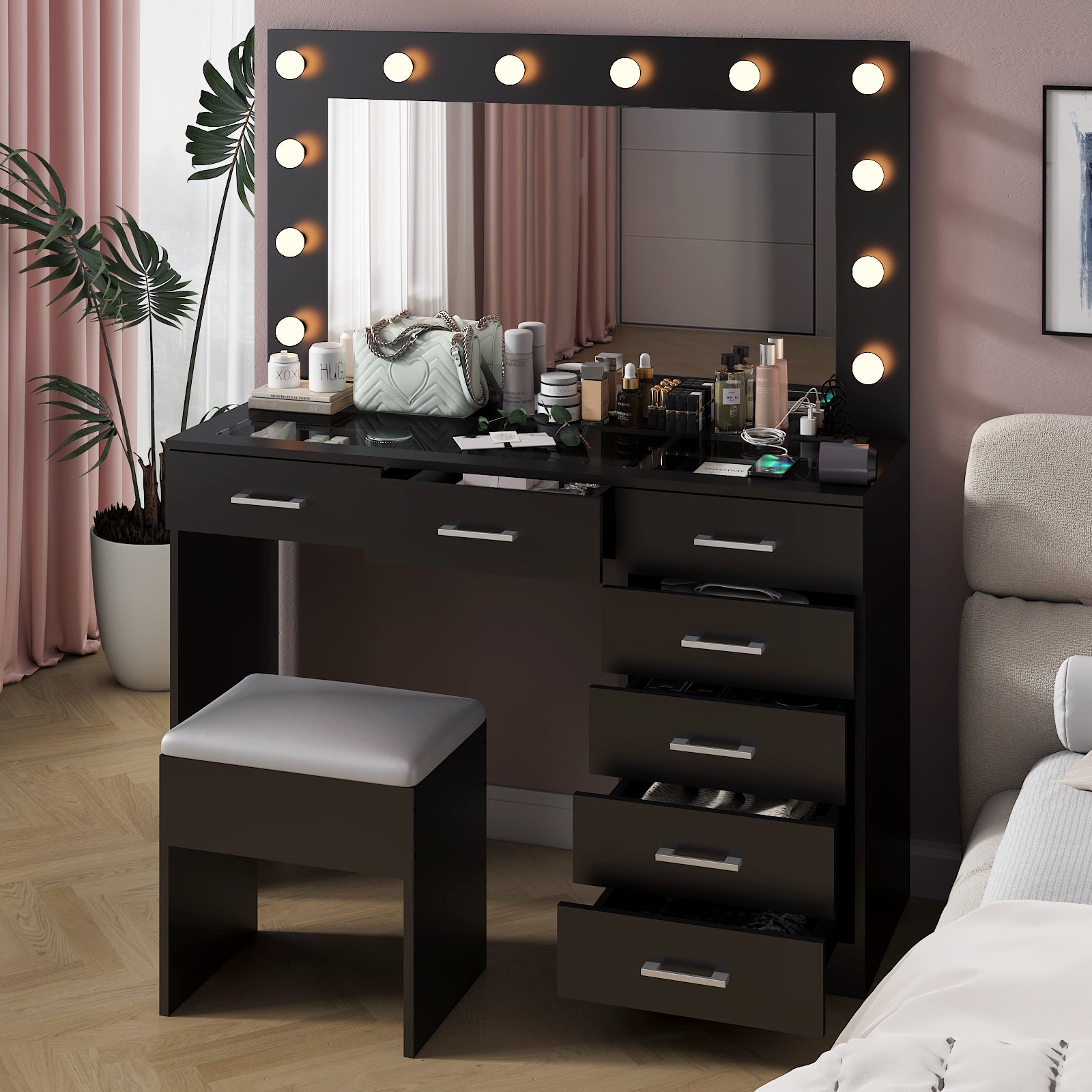 HAOYYE Makeup Vanity Desk Set with Large Lighted Mirror, Power Outlet, Glass Top, 7 Drawers, 12 LED Lights, 3 Adjustable Lighting Colors, Black Vanity Table with Storage for Bedroom or Beauty Room