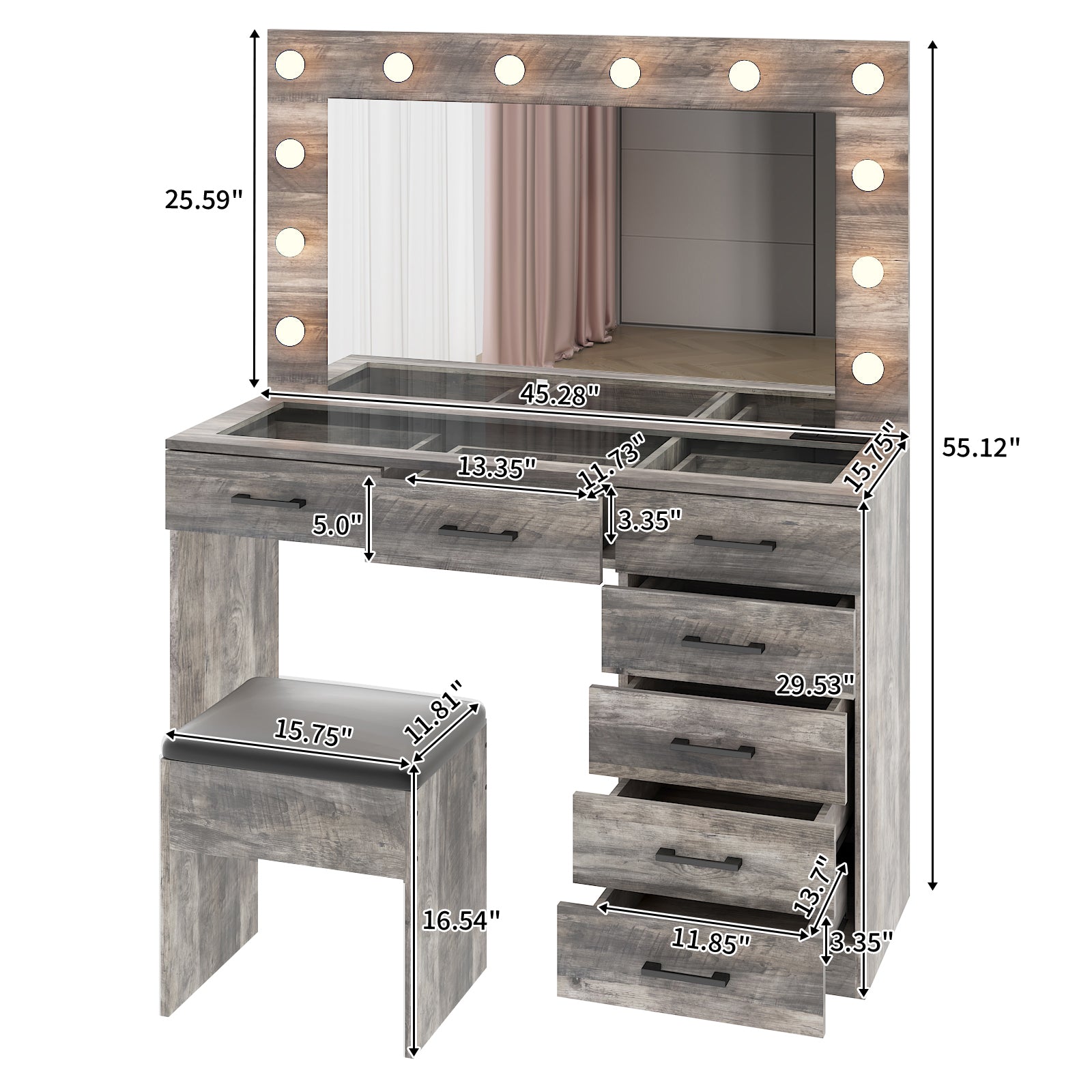 HAOYYE Vanity Desk Set with Large Lighted Mirror, Adjustable 12-LED Lighting in 3 Colors, Glass Top Makeup Vanity with 7 Spacious Drawers, Built-in Power Outlet, Grey Modern Vanity Table for Bedroom and Beauty Room